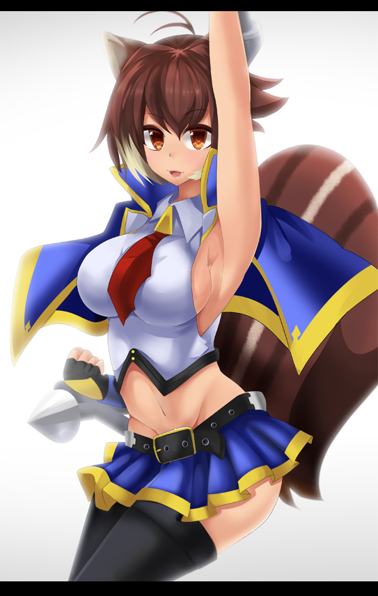 1girl animal_ears antenna_hair arc_system_works arm_up art_is_de4d bare_shoulders belt black_thighhighs blazblue blazblue:_chronophantasma blazblue:_continuum_shift breasts brown_eyes brown_hair capelet cosplay dress female_focus gloves large_breasts makoto_nanaya midriff miniskirt navel necktie noel_vermillion noel_vermillion_(cosplay) open_mouth pleated_skirt short_dress short_hair sideboob skirt solo squirrel_ears squirrel_tail tail thighhighs tonfa weapon zettai_ryouiki