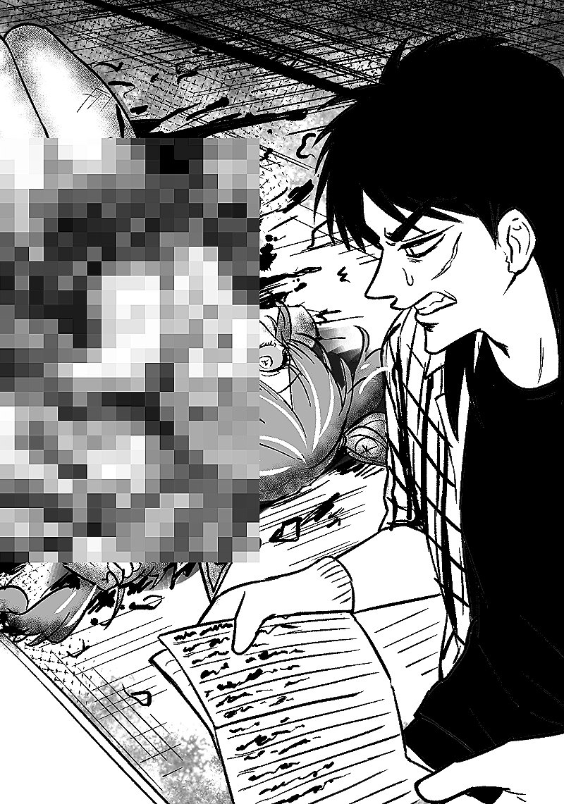 1boy 1girl blood blood_splatter censored clenched_teeth comic_panel_redraw derivative_work facial_scar itou_kaiji kaiji long_hair looking_at_another looking_to_the_side mosaic_censoring personification plaid_clothes plaid_shirt scar scar_on_cheek scar_on_face shirt short_sleeves teeth the_bog_(kaiji) undershirt upper_body yologyeolseogchung-gyeogpaswaeseogsul