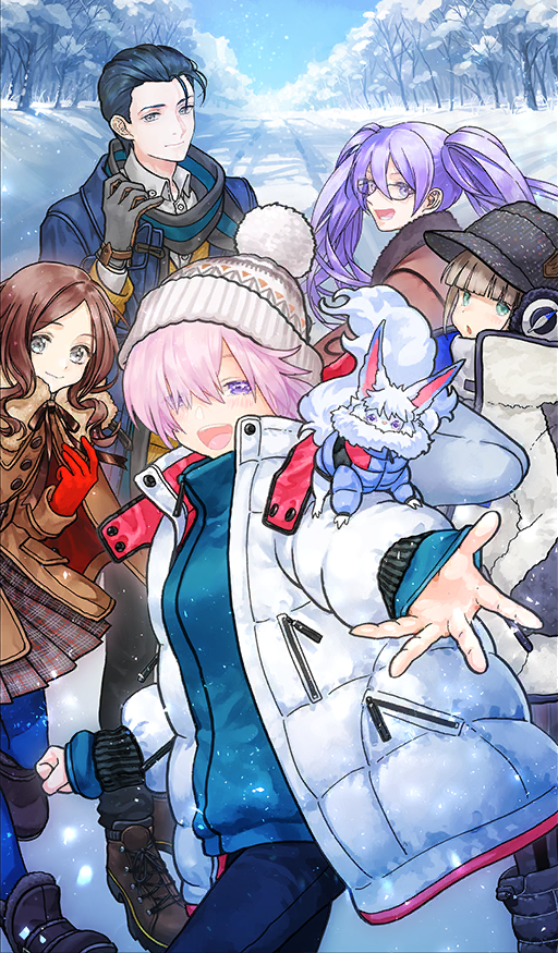 2boys 3girls :d :o androgynous aqua_eyes beanie black_boots black_gloves black_hat black_scarf blue_coat blue_hair blue_hat blue_jacket blue_pants blue_pantyhose blunt_bangs blush boots breasts brown_boots brown_coat brown_hair buttons captain_nemo_(fate) chinese_commentary closed_mouth coat collared_shirt commentary_request creature creature_on_shoulder double-parted_bangs expressionless fate/grand_order fate_(series) fou_(fate) fur-trimmed_coat fur_trim glasses gloves grey_eyes hair_between_eyes hair_over_one_eye hair_slicked_back hand_in_pocket hat high_collar hood hood_down jacket leonardo_da_vinci_(fate) leonardo_da_vinci_(fate/grand_order) leonardo_da_vinci_(rider)_(fate) long_sleeves looking_at_viewer lower_teeth_only mash_kyrielight multiple_boys multiple_girls nemo_(fate) novum_chaldea offering_hand official_alternate_costume official_art on_shoulder open_clothes open_coat open_mouth outdoors pants pantyhose parted_bangs pink_hair plaid_clothes plaid_skirt pleated_skirt pom_pom_(clothes) pom_pom_beanie purple_eyes purple_hair red_gloves scarf sherlock_holmes_(fate) shirahama_kamome shirt sidelocks sion_eltnam_(type-moon) sion_eltnam_sokaris skirt sleeves_past_wrists smile snow sweater teeth third-party_source tree turtleneck twintails upper_teeth_only white_coat white_hat white_shirt white_sweater wing_collar winter winter_clothes winter_coat yellow_sweater zipper zipper_pull_tab