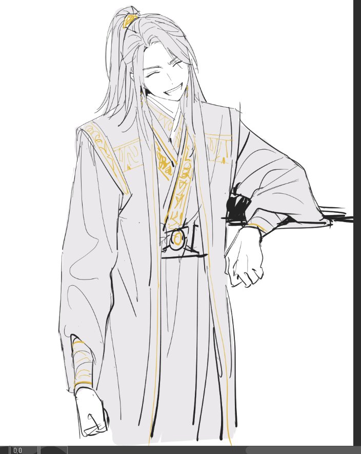 1boy arm_rest art_program_in_frame black_hair black_hanfu black_sash chinese_clothes clenched_hand closed_eyes cowboy_shot dailysarndean earrings gold_earrings half_updo hanfu high_ponytail jewelry jinhongi korean_commentary long_hair long_sleeves male_focus open_mouth ponytail sash solo wide_sleeves xiao_guan_(headdress) zaha zhijupao