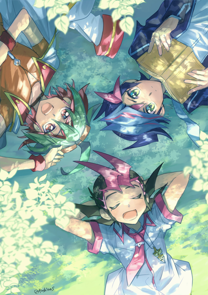 3boys black_hair book closed_eyes fujiki_yusaku fushitasu green_eyes holding holding_book jewelry lying male_focus multiple_boys necklace necktie on_back open_mouth orange_shirt outdoors red_eyes red_necktie sakaki_yuya shirt short_hair spiked_hair tsukumo_yuma yu-gi-oh! yu-gi-oh!_arc-v yu-gi-oh!_vrains yu-gi-oh!_zexal