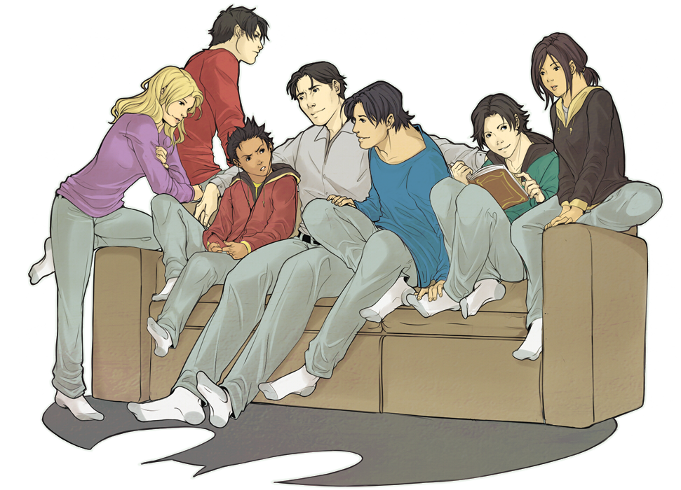 2girls 5boys batgirl batman batman_(series) black_hair black_hoodie blonde_hair blue_shirt book brother_and_sister brothers bruce_wayne cassandra_cain collared_shirt couch couple damian_wayne dark_skin dc_comics denim dick_grayson family father_and_daughter father_and_son green_hoodie hood hoodie jason_todd jeans matching_outfits multiple_boys multiple_girls nightwing open_book pants ponytail purple_shirt reading red_hood_(dc) red_hoodie red_robin red_shirt robin_(dc) shirt siblings sitting socks spoilers stephanie_brown tim_drake transparent_background white_legwear