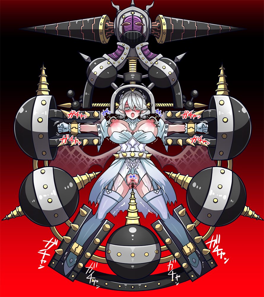 1girl bar_censor bdsm blush bondage bound bound_ankles bound_wrists breasts breasts_out byser_shock censored clitoral_stimulation clitoris_piercing clitoris_ring commentary_request demon_horns demon_wings dress duel_monster female_focus garter_straps gloves grey_eyes horns large_breasts lovely_labrynth_of_the_silver_castle nipple_piercing nipple_rings nipples no_bra no_panties open_mouth outstretched_arms piercing pussy pussy_piercing restrained short_hair simple_background spread_arms spread_legs thighhighs torn_clothes viser_des white_dress white_gloves white_hair white_thighhighs wings yagami_(mukage) yu-gi-oh!