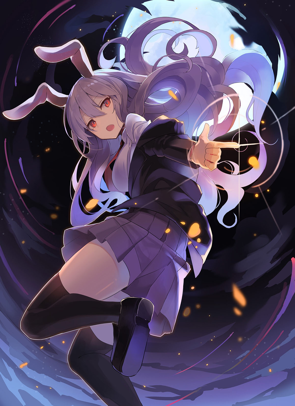 1girl animal_ears black_jacket black_shoes black_thighhighs breasts bright_pupils commentary_request falken_(yutozin) feet_out_of_frame finger_gun floating_hair foot_out_of_frame from_below full_moon hair_between_eyes highres jacket jumping long_hair long_sleeves looking_at_viewer looking_back medium_breasts miniskirt moon night night_sky off_shoulder open_mouth photoshop_(medium) pleated_skirt purple_hair purple_skirt rabbit_ears red_eyes reisen_udongein_inaba revision shirt shoe_soles shoes skirt sky solo standing standing_on_one_leg thighhighs thighs touhou very_long_hair white_shirt zettai_ryouiki