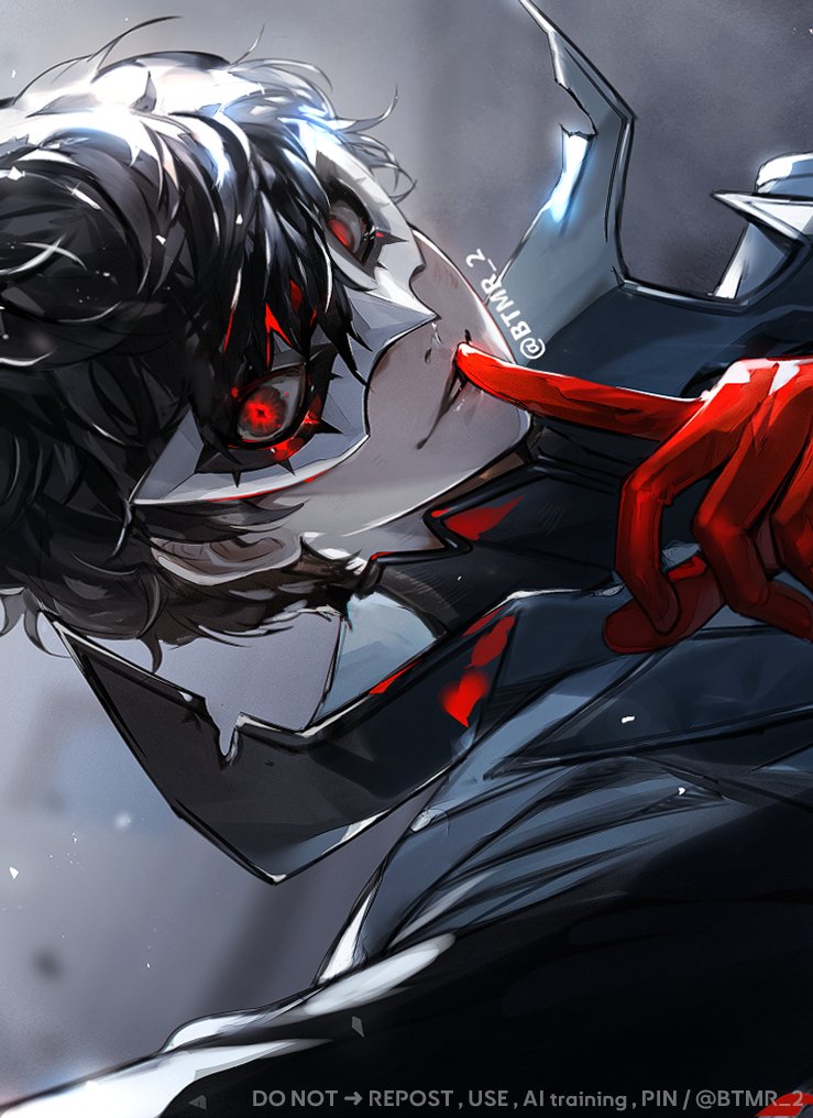 1boy amamiya_ren black_coat black_hair btmr_game close-up coat commentary eye_mask finger_to_mouth gloves index_finger_raised joker_(persona_5) looking_at_viewer male_focus mask persona persona_5 red_eyes red_gloves short_hair solo symbol-only_commentary twitter_username watermark white_mask