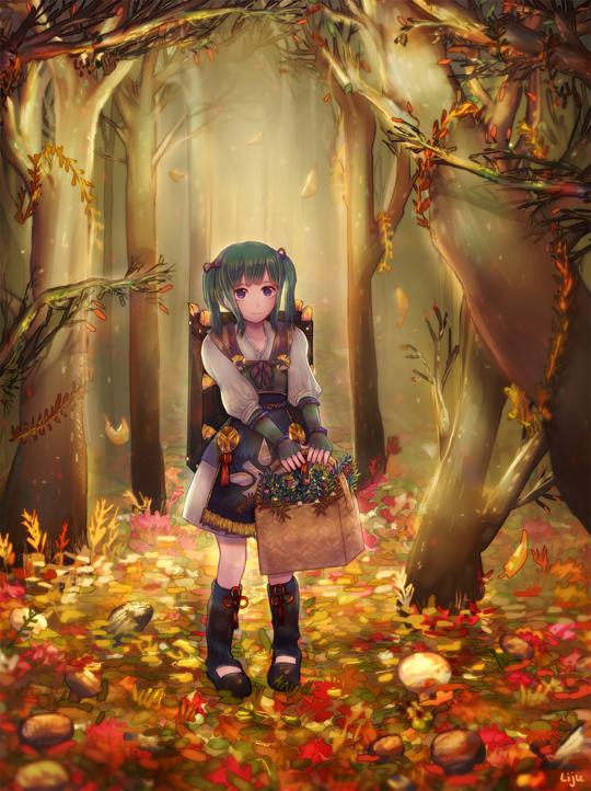 1girl autumn_leaves bad_id bad_pixiv_id basket female_focus fire_emblem fire_emblem_fates forest green_hair herb leaf lijupy medicine_box midori_(fire_emblem) nature nintendo solo stone tree twintails