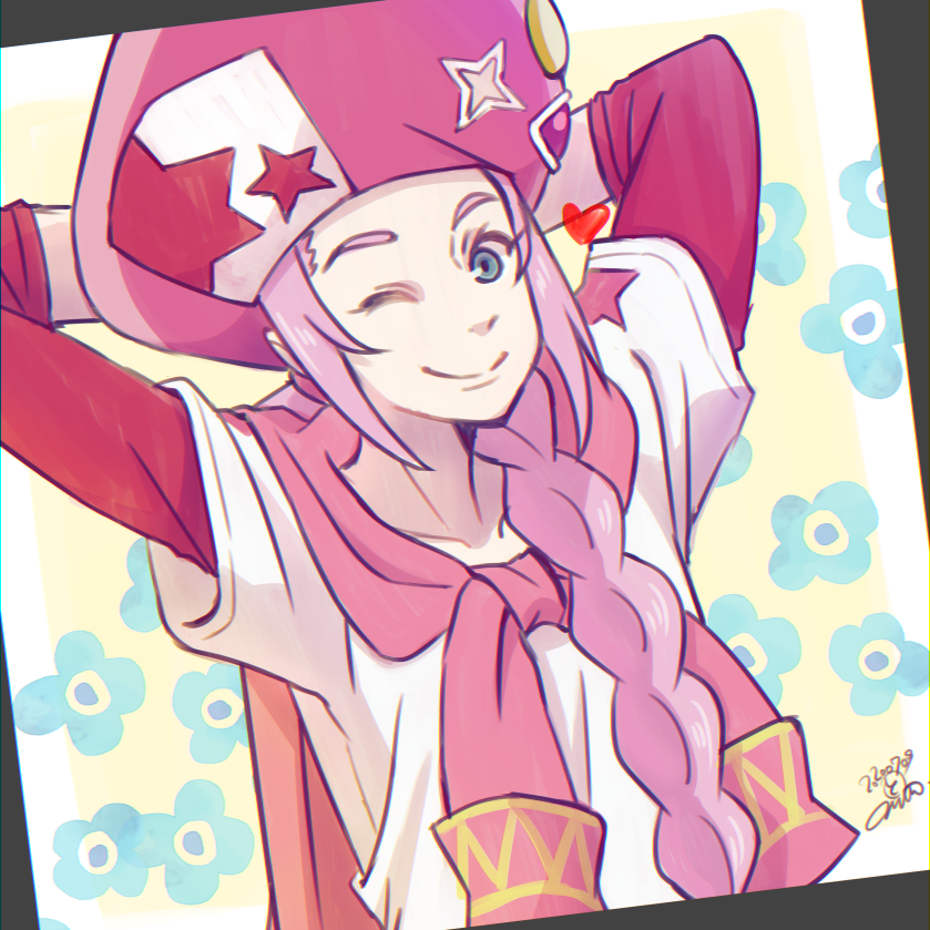 1boy arms_behind_head blue_eyes braid classicaloid closed_mouth collarbone hat heart jacket_around_neck long_hair looking_at_viewer male_focus one_eye_closed pink_hair pink_hat shirt signature smile solo tomomi_(mltplus) white_shirt wolfgang_amadeus_mozart_(classicaloid)