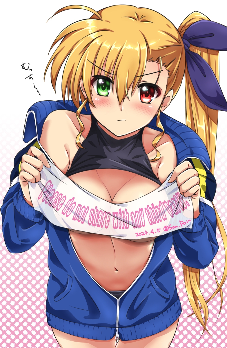 1girl bare_shoulders black_panties black_shirt blonde_hair blue_track_suit blush breasts breasts_out closed_mouth clothes_lift hair_ribbon heterochromia highres jacket large_breasts long_hair looking_at_viewer lyrical_nanoha mahou_shoujo_lyrical_nanoha_strikers mahou_shoujo_lyrical_nanoha_vivid navel no_bra open_clothes open_jacket panties ponytail pout ribbon san-pon shirt shirt_lift side_ponytail simple_background solo track_jacket track_suit underwear vivio