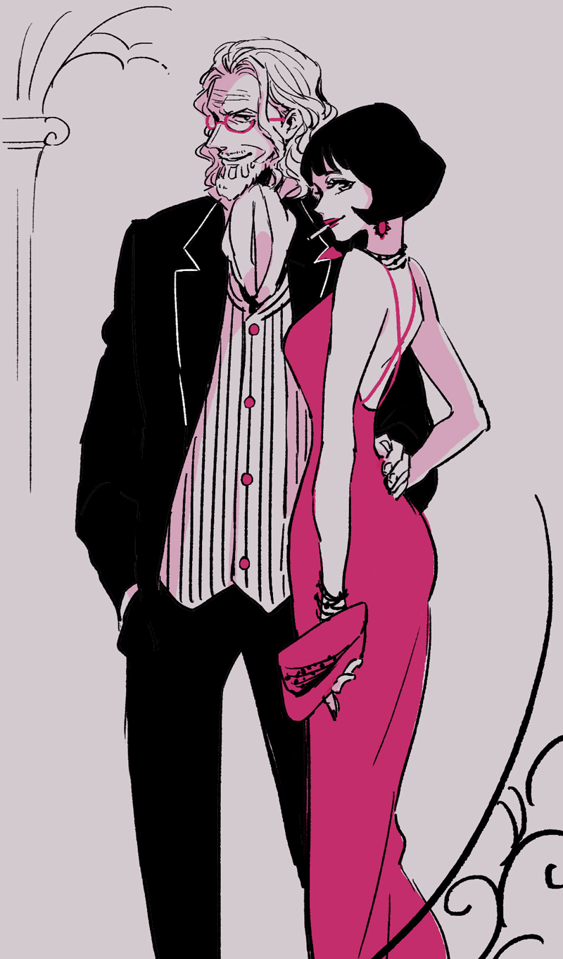 1boy 1girl ascot bag beard black_hair blunt_bangs bracelet cigarette commentary cowboy_shot dress earrings english_commentary facial_hair glasses hair_slicked_back hatch_(8cco) highres holding holding_bag jacket jewelry long_dress long_hair looking_at_viewer necklace one_piece pants profile shakuyaku_(one_piece) short_hair sidelocks silvers_rayleigh vest waistcoat