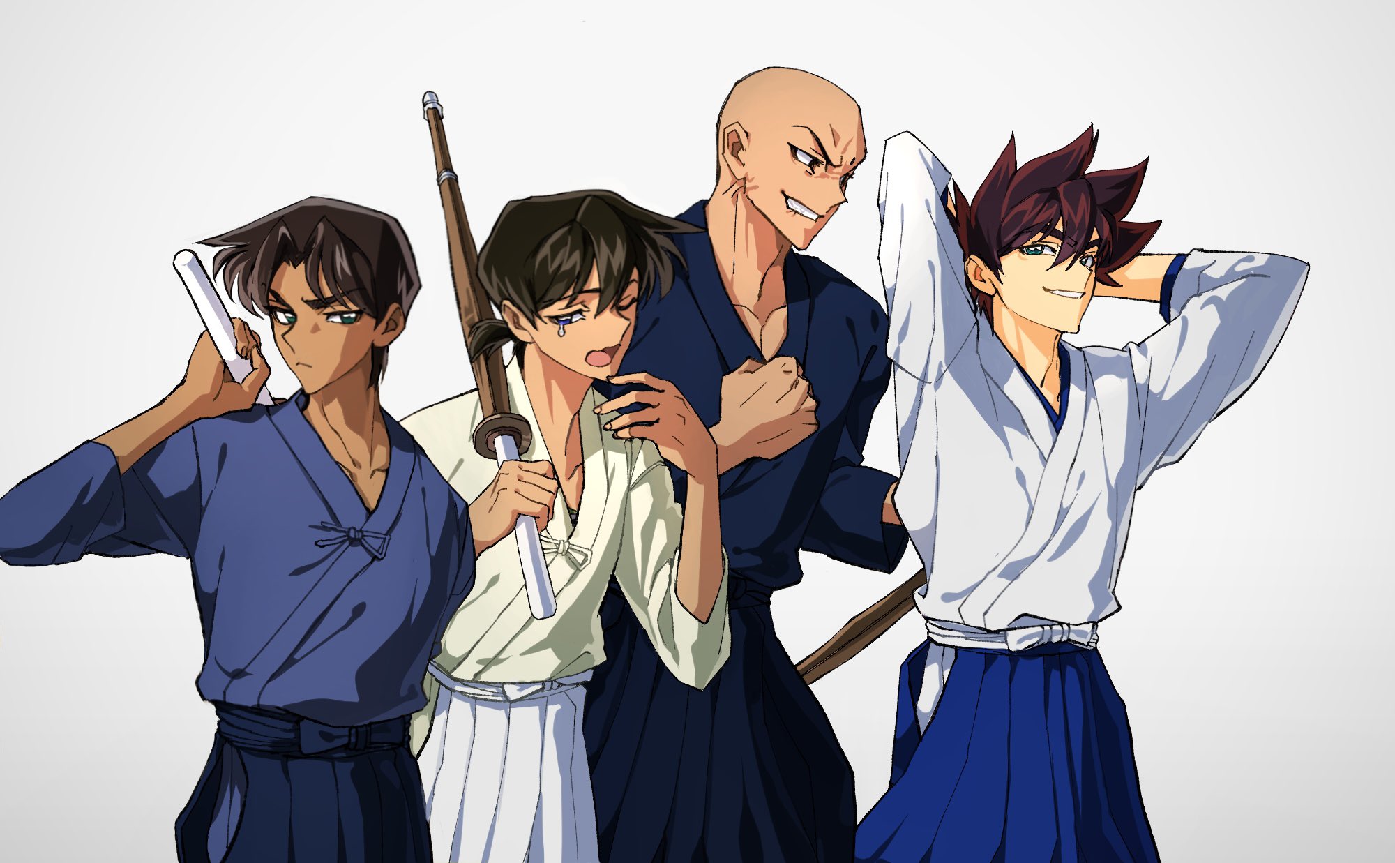 4boys bald black_hair black_hakama blue_eyes blue_hakama brown_hair dark-skinned_male dark_skin hakama hakama_skirt hattori_heiji highres japanese_clothes kendo khkh4869 kurogane_yaiba long_hair meitantei_conan multiple_boys okita_souji_(yaiba) onimaru_takeshi open_mouth ponytail shinai short_hair short_ponytail skirt smile sword weapon white_hakama yaiba