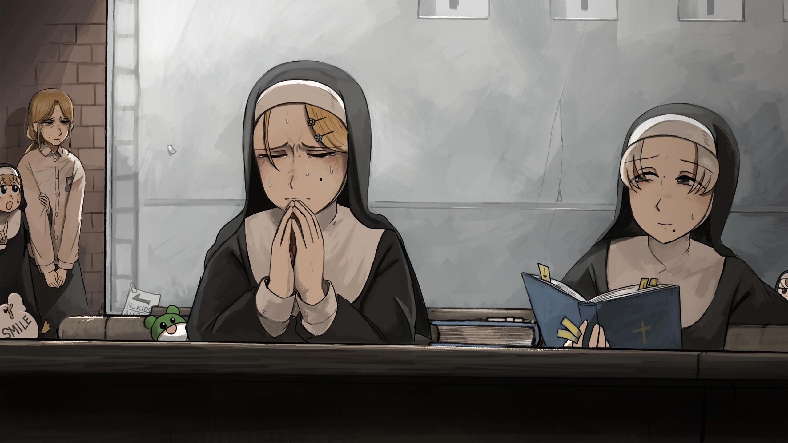 5girls bible_(object) bird blonde_hair blue_eyes body_writing brown_hair chicken closed_eyes clumsy_nun_(diva) commentary diva_(hyxpk) duck english_commentary froggy_nun_(diva) grey_hair grey_shirt highres little_nuns_(diva) mole mole_on_cheek mole_under_mouth multiple_girls nun praying shirt smug_nun_(diva) strict_nun's_mother_(diva) strict_nun_(diva) traditional_nun