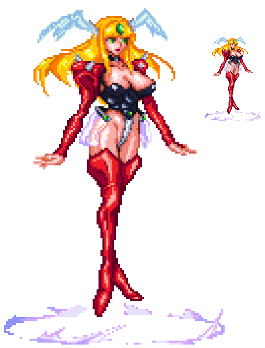 1990s_(style) blonde_hair breasts choujin_gakuen_gowcaizer cleavage floating game head_wings levitation necrocaizer pixel_art retro_artstyle wings