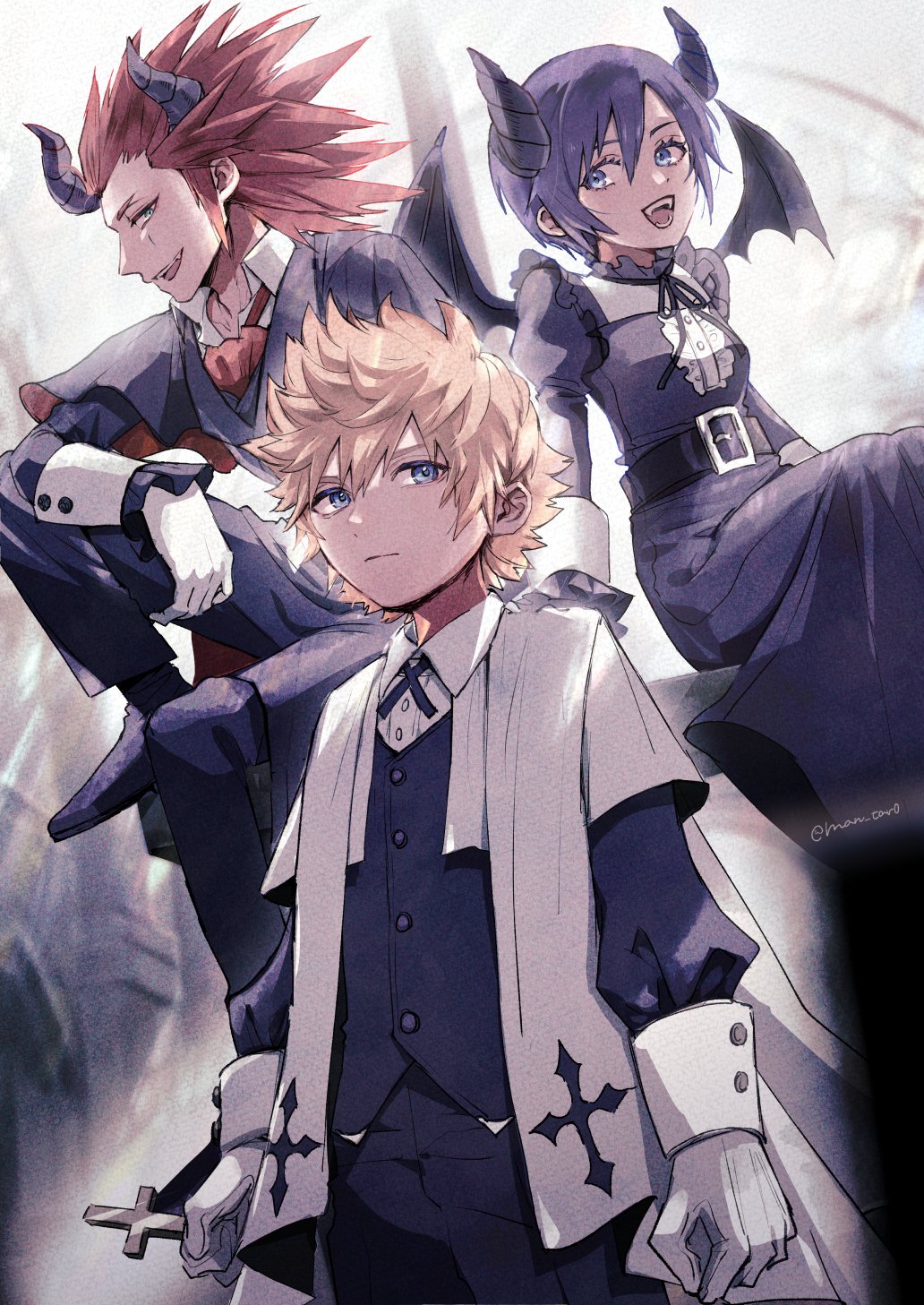1girl 2boys alternate_costume ascot axel_(kingdom_hearts) belt belt_buckle black_belt black_dress black_footwear black_hair black_horns black_jacket black_pants blonde_hair blue_eyes breasts buckle collared_shirt cross cross_tie demon_horns demon_wings dress facial_mark fangs gloves hair_between_eyes hair_slicked_back happy_halloween highres holding holding_cross horns jacket kingdom_hearts kingdom_hearts_iii long_dress long_sleeves man_tar0 medium_breasts medium_hair multiple_boys pants priest red_ascot red_hair roxas shirt short_hair sideburns sitting spiked_hair twitter_username white_gloves white_shirt wings xion_(kingdom_hearts)