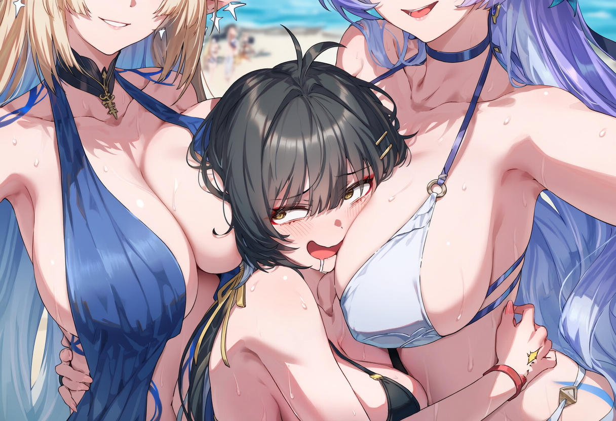3girls ahoge armpits bare_shoulders beach between_breasts black_hair blish blonde_hair breast_press breast_smother breasts breasts_focus cantarella_(wuthering_waves) day face_to_breasts faceless female_pervert fleurdelys_(wuthering_waves) hug huge_breasts long_hair multiple_girls o-ring open_mouth pervert pointy_ears purple_hair raaivault rover_(wuthering_waves) saliva sand sandwiched selfie smie smile sweat swimsuit waist_grab wuthering_waves yellow_eyes yuri