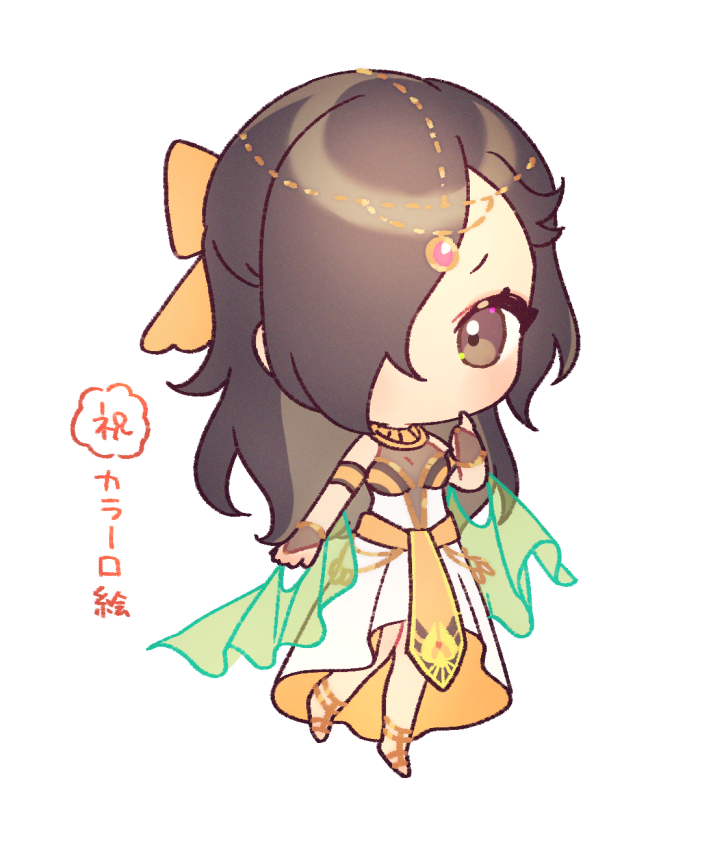 1boy bare_shoulders blush bow bridal_gauntlets brown_bow brown_eyes brown_hair chibi crossdressing crossdressing_(mtf) dress hair_bow hair_over_one_eye hand_up long_hair male_focus natsumi_schwarz re:zero_kara_hajimeru_isekai_seikatsu rinndouk see-through_clothes simple_background solo standing standing_on_one_leg translation_request very_long_hair white_background white_dress