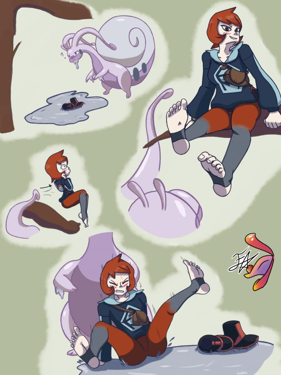1girl arezu_(pokemon) barefoot branch creatures_(company) defeat feet felixjoestar game_freak gen_6_pokemon helpless highres hisuian_goodra nintendo pokemon pokemon_(creature) pokemon_legends:_arceus red_hair shoes short_hair signature slime_(substance) soles toes tree unworn_shoes vore