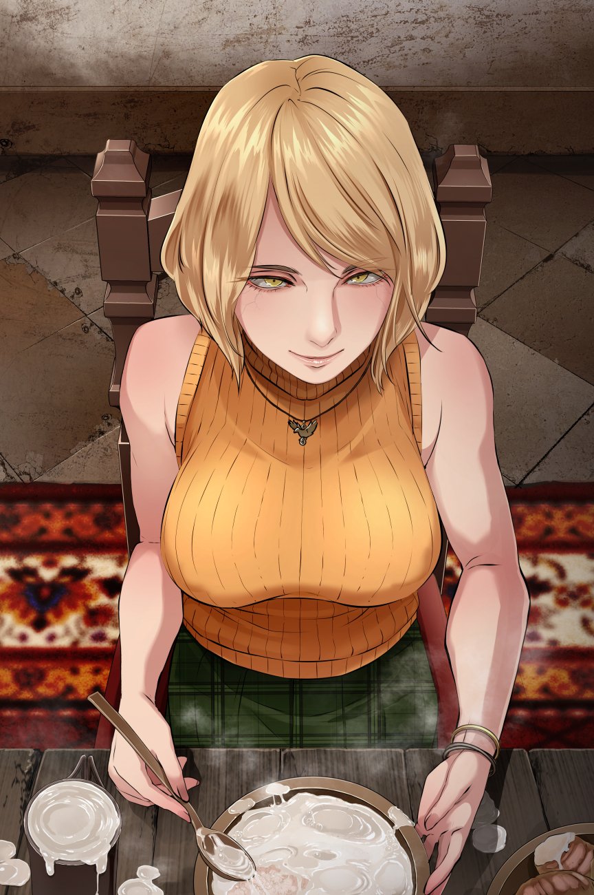 1girl ashley_graham blonde_hair breasts butcha-u cum cum_in_container female_focus gokkun highres large_breasts looking_at_viewer photo_(object) resident_evil resident_evil_4 resident_evil_4_(remake) short_hair smile yellow_eyes