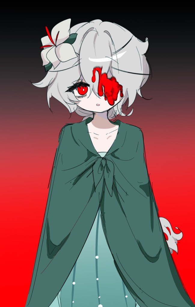 1girl braid cape cookie_run cookie_run:_kingdom crk_gyul dress flower green_dress hair_flower hair_ornament humanization long_hair looking_at_viewer red_eyes simple_background solo very_long_hair white_flower white_hair white_lily white_lily_cookie