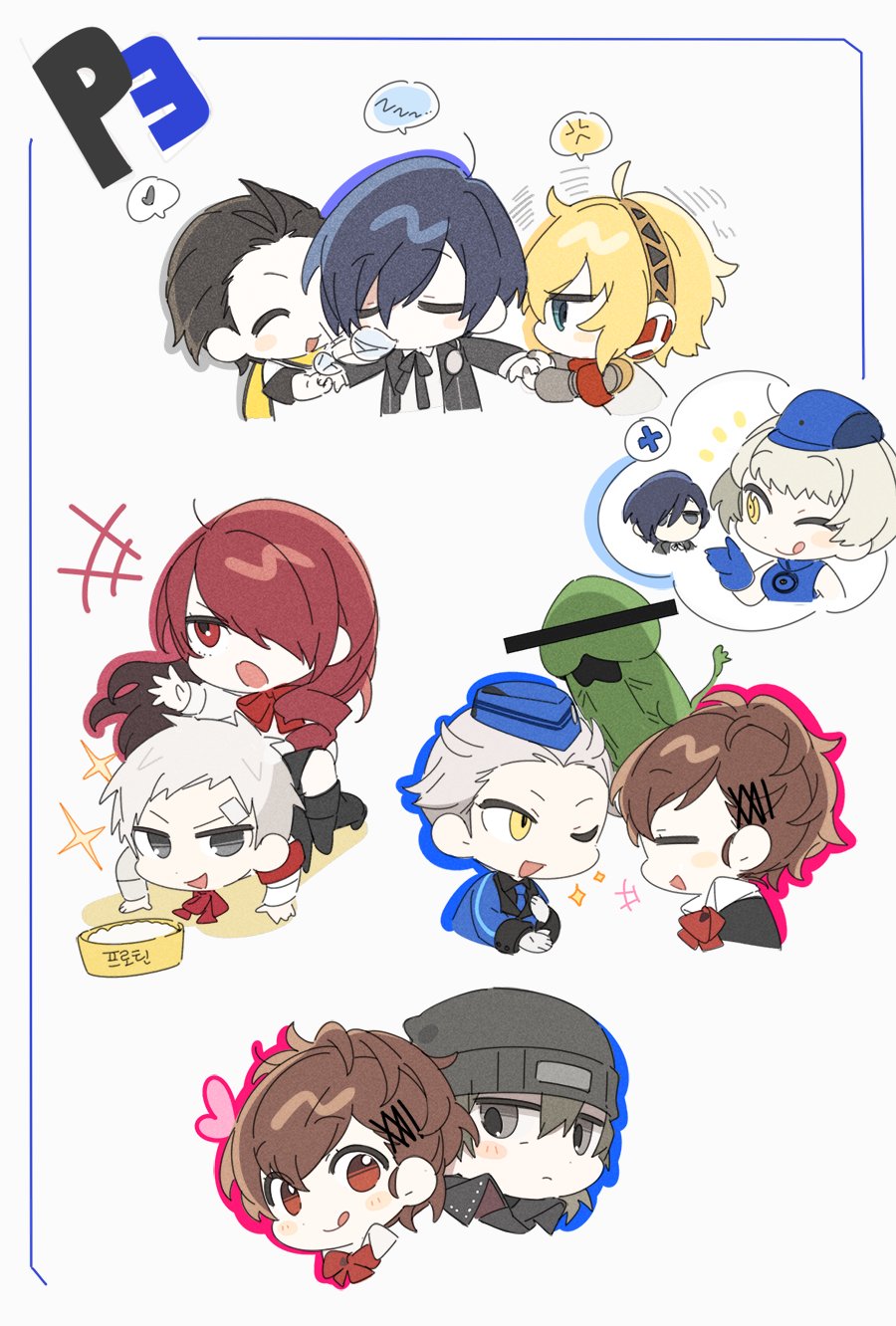 4girls 5boys :q aigis_(persona) agata120 anger_vein aragaki_shinjirou armband beanie black_hair black_headwear black_jacket blonde_hair blue_headwear brown_hair censored chibi closed_eyes elizabeth_(persona) grey_hair hair_ornament hair_over_one_eye hairclip hat heart highres jacket kirijou_mitsuru korean_text mara_(megami_tensei) mochizuki_ryouji multiple_boys multiple_girls multiple_views one_eye_closed open_mouth persona persona_3 persona_3_portable phallic_symbol red_armband red_eyes red_hair sanada_akihiko shiomi_kotone short_hair sparkle spoken_zzz theodore_(persona) tongue tongue_out yuuki_makoto_(persona_3) zzz