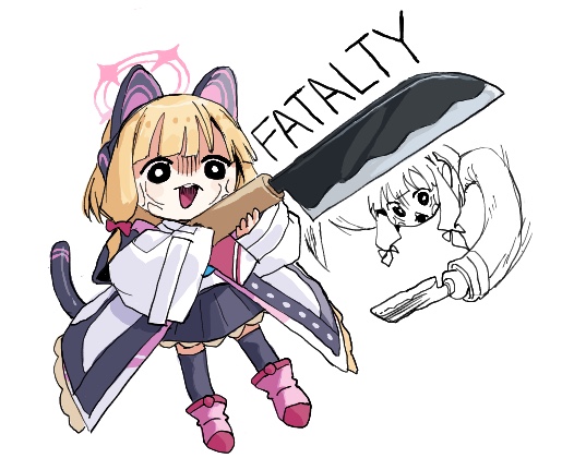 0_0 1girl anger_vein angry animal_ears black_skirt black_thighhighs blonde_hair blue_archive boots bow cat_ears cat_tail chibi coat death_momoi_(meme) english_text engrish_text fake_animal_ears fake_tail furious gbsangou hair_bow halo holding holding_knife huge_weapon knife long_sleeves looking_at_viewer medium_hair meme momoi_(blue_archive) multiple_views open_mouth pink_boots pink_bow ranguage sidelocks skirt tail teeth thighhighs upper_teeth_only weapon white_background white_coat