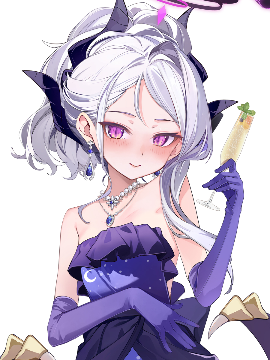 1girl black_halo black_horns blue_archive commentary_request cup demon_horns demon_wings dress earrings elbow_gloves evening_gown floating_earring gloves halo highres hina_(blue_archive) hina_(dress)_(blue_archive) holding holding_cup horns jewelry long_hair looking_at_viewer multiple_horns official_alternate_costume official_alternate_hairstyle pendant purple_dress purple_gloves purple_wings shirokitsune slit_pupils smile solo strapless strapless_dress upper_body white_background white_hair wings