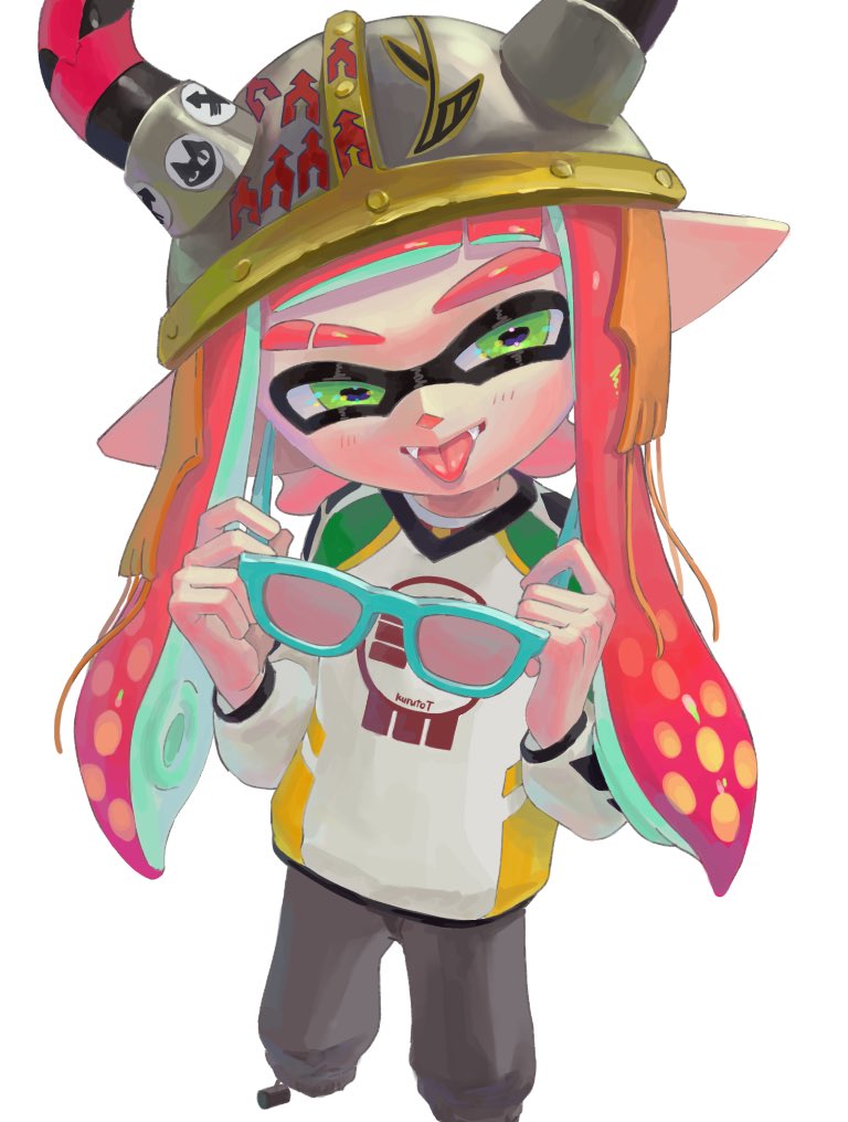 1boy :p androgynous aqua-framed_eyewear cowboy_shot cropped_legs fake_horns fangs from_above green_eyes grey_pants half-closed_eyes holding holding_removed_eyewear horned_headwear horns inkling_boy inkling_player_character kurutot1 long_hair long_sleeves male_focus nintendo pants pink-tinted_eyewear pink_hair pointy_ears sideways_glance simple_background solo splatoon_(series) sunglasses sweater tinted_eyewear tongue tongue_out two-handed unworn_eyewear white_background