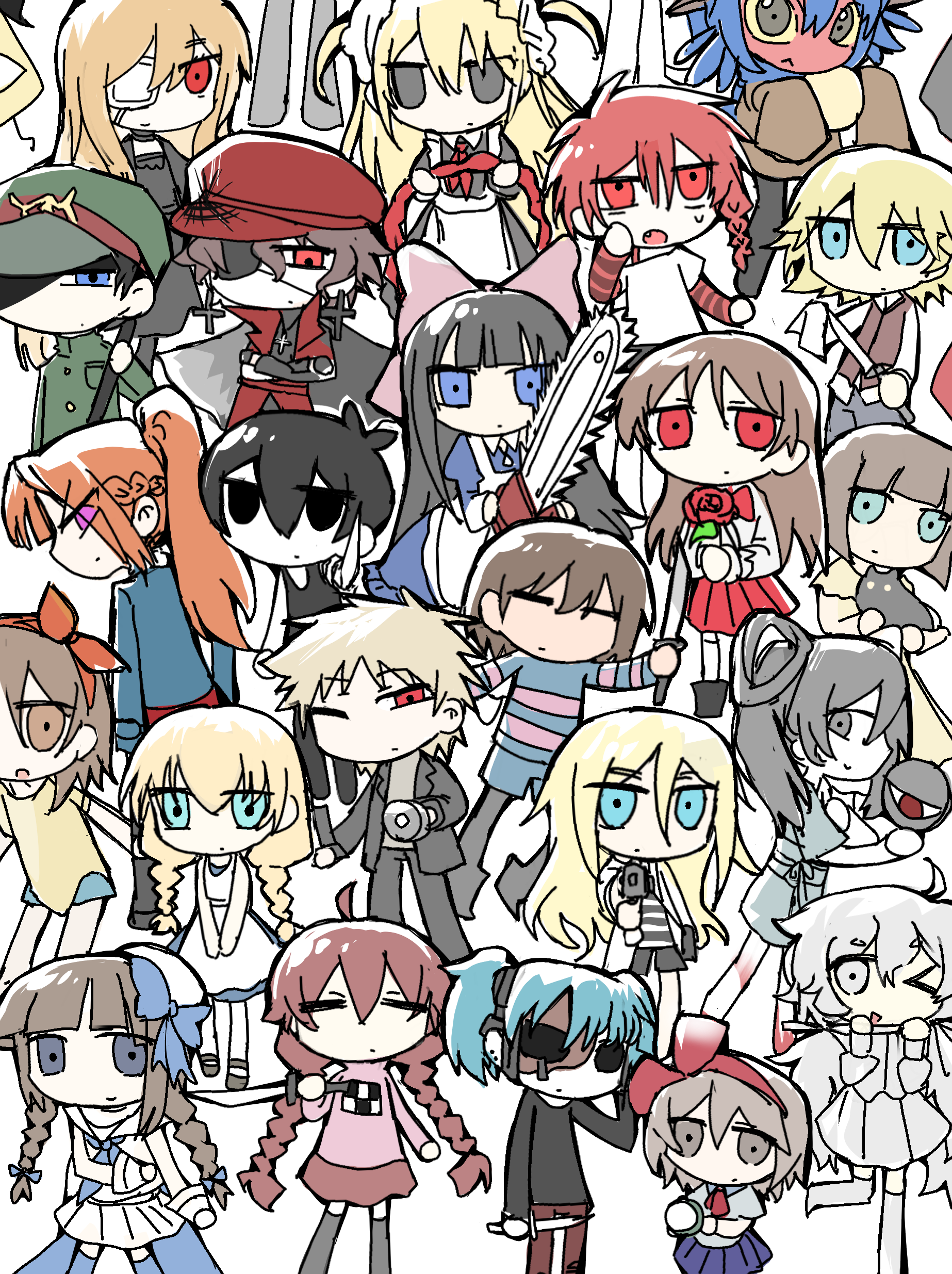 >_o 2others 6+boys 6+girls :< =_= absurdres ahoge aibyou_sekai androgynous animal annotated apron arm_behind_back atou_haruki aya_drevis black_cat black_dress black_eyes black_gloves black_hair black_jacket black_shirt black_shoes black_shorts black_tank_top blonde_hair blue_dress blue_eyes blue_hair blue_shirt blue_shorts blue_skirt blunt_bangs bow braid brown_eyes brown_hair brown_shirt cat chainsaw charlotte_wiltshire chidouin_sara closed_eyes closed_mouth colored_sclera colored_skin cross cross_earrings crossed_arms crossover deformed dress earrings eiyuu_gijin end_roll everyone expressionless eyepatch fang flashlight flesh_blood_&_concrete fran_bow fran_bow_dagenhart frisk_(undertale) funamusea genre_connection gloves gokuto_jihen green_hat green_jacket grey_eyes grey_hair grey_pants grey_shirt gun hair_between_eyes hair_bow hair_rings hairband hat hello_charlotte highres higyaku_no_noel holding holding_animal holding_chainsaw holding_flashlight holding_gun holding_knife holding_weapon ib_(ib) ib_(kouri) jacket jewelry jitome kanzaki_shiori kimi_ga_shine kirisame_ga_furu_mori kirishima_(gokuto_jihen) knife layered_sleeves logowoshixiang long_hair long_sleeves mad_father madotsuki maeno_aki maid majo_no_ie mama_ni_aitai medama_(mama_ni_aitai) medical_eyepatch medium_hair mini_hat multiple_boys multiple_crossover multiple_girls multiple_others neckerchief nika_(flesh_blood_&_concrete) niko_(oneshot) noel_cerquetti omori one_eye_closed oneshot_(game) oounabara_to_wadanohara open_clothes open_jacket open_mouth orange_hair pants pink_bow pink_eyes pink_shirt pleated_skirt ponytail protagonist_(yomawari) rachel_gardner red_bow red_eyes red_hair red_hairband red_hat red_neckerchief red_pants red_skirt rokubanme russell_seager saibou_shinkyoku sal_fisher sally_face satsuriku_no_tenshi shirt shoes short_hair short_over_long_sleeves short_sleeves shorts side_braid single_braid skirt sleeveless sleeveless_dress sleeves_past_fingers sleeves_past_wrists smile striped_clothes striped_shirt sunny_(omori) sweat tank_top twin_braids twintails two_side_up undertale viola_(majo_no_ie) wadanohara weapon white_apron white_background white_dress white_eyes white_hair white_hat white_jacket white_shirt white_skin white_skirt yellow_dress yellow_sclera yellow_shirt yomawari yomawari_(series) yume_nikki zeno_(game)