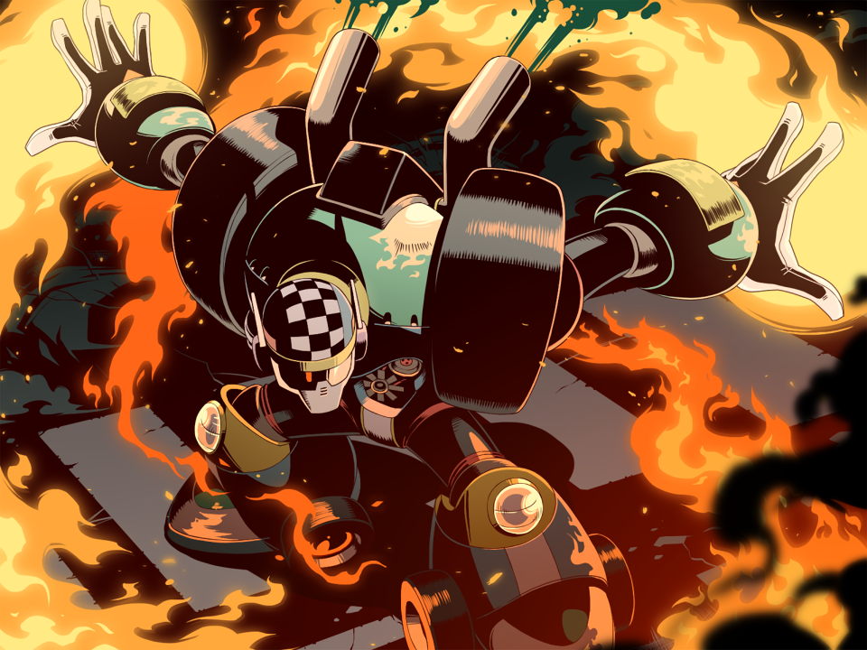 1boy android armor checkered_clothes checkered_hat commentary commentary_request crosswalk embers english_commentary explosion fire gears gloves hat helmet male_focus mega_man_(classic) mega_man_(series) mega_man_7 mixed-language_commentary napo outdoors outstretched_arms solo spread_arms standing turbo_man white_gloves