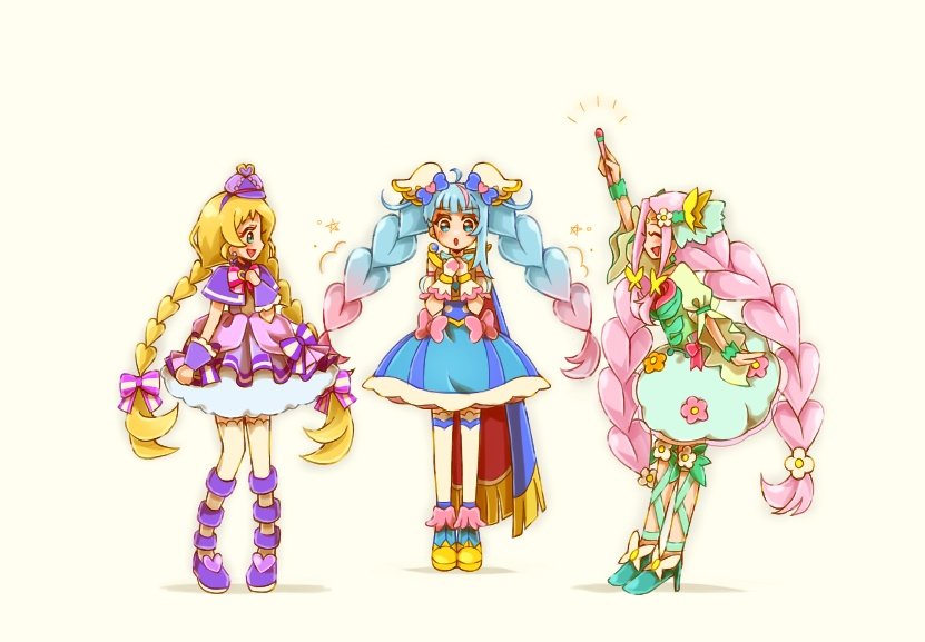 3girls :d :o ^_^ aqua_skirt arm_up blonde_hair blue_dress blue_hair blue_skirt bow bracelet braid brooch bubble_skirt butterfly_hair_ornament capelet closed_eyes colored_shoe_soles cure_felice cure_friendy cure_sky deerstalker detached_sleeves dress fingerless_gloves flower full_body gloves hair_bow hair_flower hair_ornament hairband hanami_kotoha hat heart heart_brooch heart_print high_heels hirogaru_sky!_precure holding holding_wand in-franchise_crossover inukai_iroha jewelry juliet_sleeves leg_ribbon long_sleeves looking_at_another low_twin_braids magic magical_girl mahou_girls_precure! multicolored_hair multiple_girls open_mouth pink_hair pleated_dress precure puffy_short_sleeves puffy_sleeves purple_capelet purple_dress ribbon shoes short_sleeves simple_background skirt skirt_under_dress sleeveless sleeveless_dress smile sora_harewataru standing thighhighs twin_braids wand white_background white_gloves white_thighhighs wing_hair_ornament wonderful_precure! wrist_cuffs yuu13
