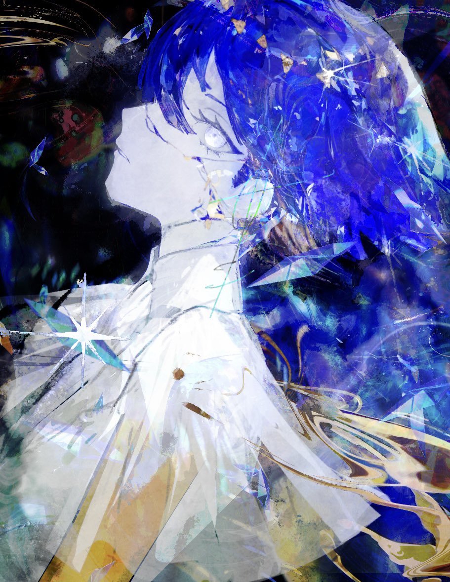1other abstract_background ascot blue_hair collared_shirt colorful_background cracked_skin dutch_angle expressionless from_side golden_arms hair_between_eyes ham_melon_(iloha_24) houseki_no_kuni looking_at_viewer parted_lips phosphophyllite_(ll) shirt short_hair short_sleeves sideways_glance white_eyes white_shirt wind