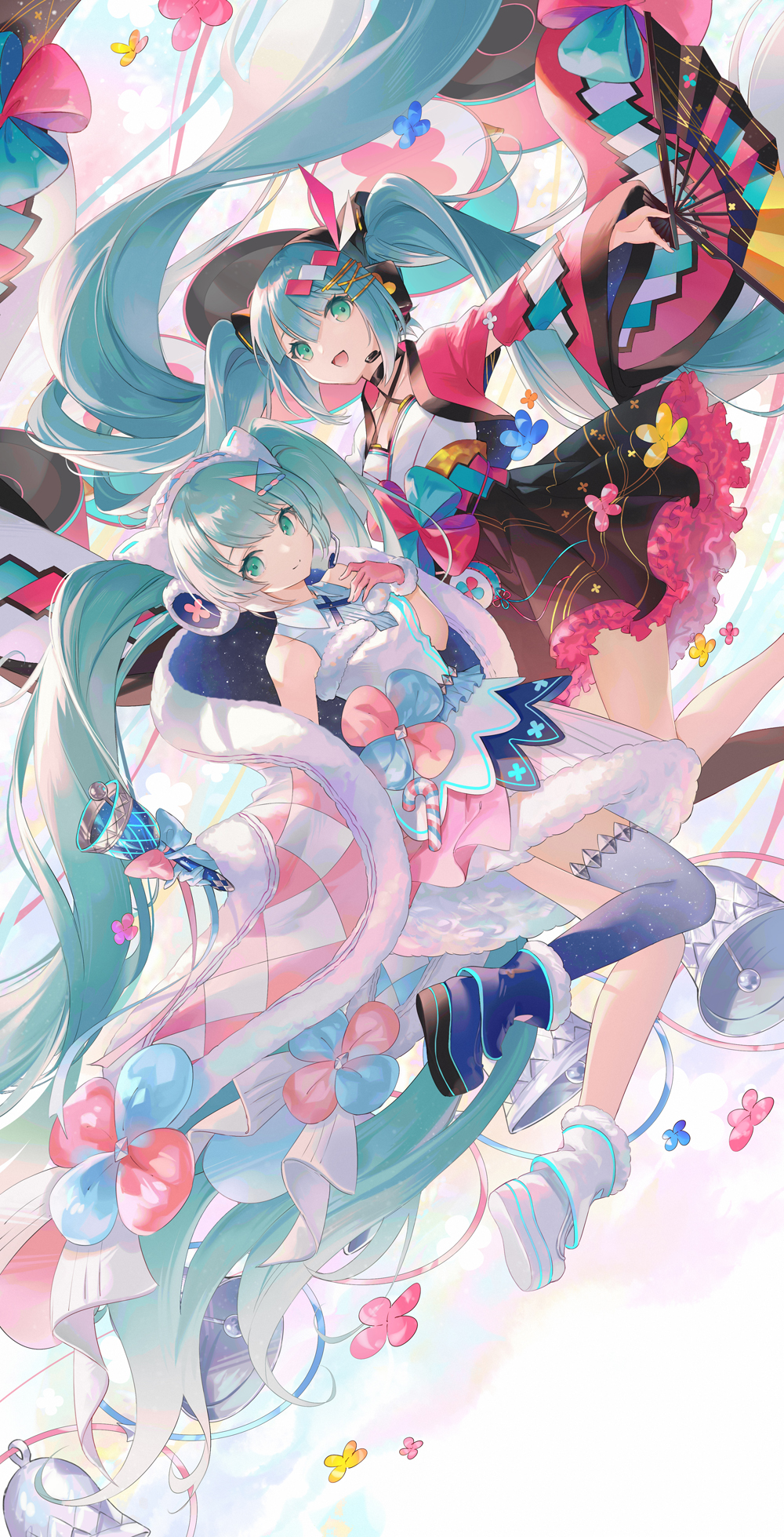 absurdly_long_hair aqua_eyes aqua_hair bare_legs bare_shoulders bell black_dress blue_gloves blush boots bow bowtie closed_mouth dress flower gloves hair_ornament hairclip hand_fan happy hatsune_miku highres holding holding_fan jumping long_hair looking_at_viewer magical_mirai_miku magical_mirai_miku_(2020_summer) magical_mirai_miku_(2020_winter) multiple_persona open_mouth outstretched_arm ouu_min single_glove smile twintails very_long_hair vocaloid white_dress