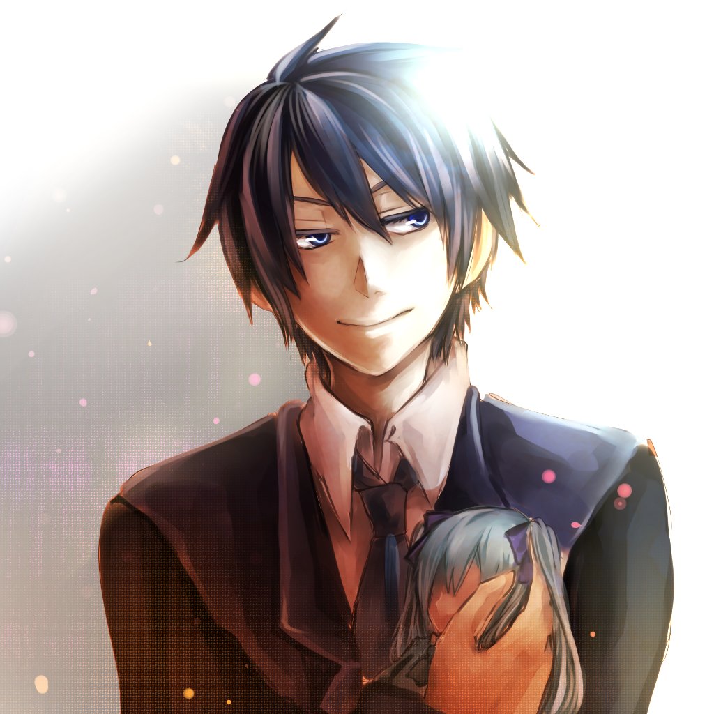 1boy 1girl akutoku_no_judgement_(vocaloid) aqua_hair blue_eyes blue_hair carrying clockworker&#039;s_doll doll embers evil_smile evillious_nendaiki gallerian_marlon hair_ribbon hatsune_miku houtei_no_nushi judge kaito_(vocaloid) necktie nemesis_no_juukou_(vocaloid) ribbon seasnow shirt short_hair smile twintails vocaloid