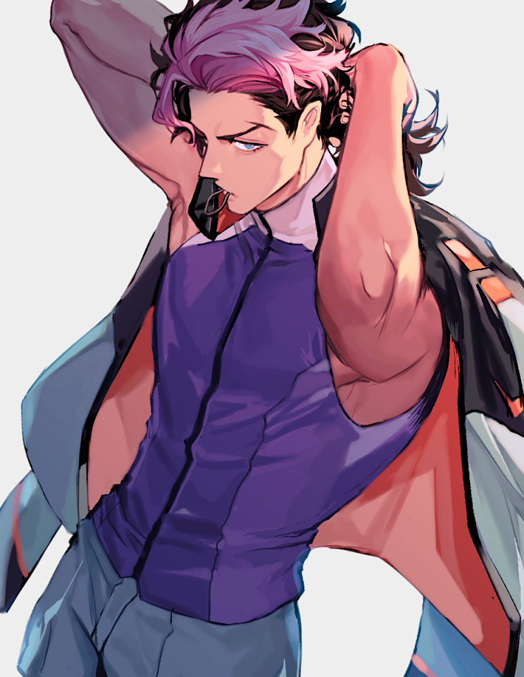 1boy 5_(femfamme) armpits arms_up blue_eyes brown_hair commentary_request dark-skinned_male dark_skin glaring grey_pants guel_jeturk gundam gundam_suisei_no_majo hair_tie_in_mouth jacket jacket_on_shoulders looking_at_viewer male_focus medium_hair mouth_hold pants pink_hair purple_shirt shirt simple_background sleeveless sleeveless_shirt solo tying_hair white_background white_jacket