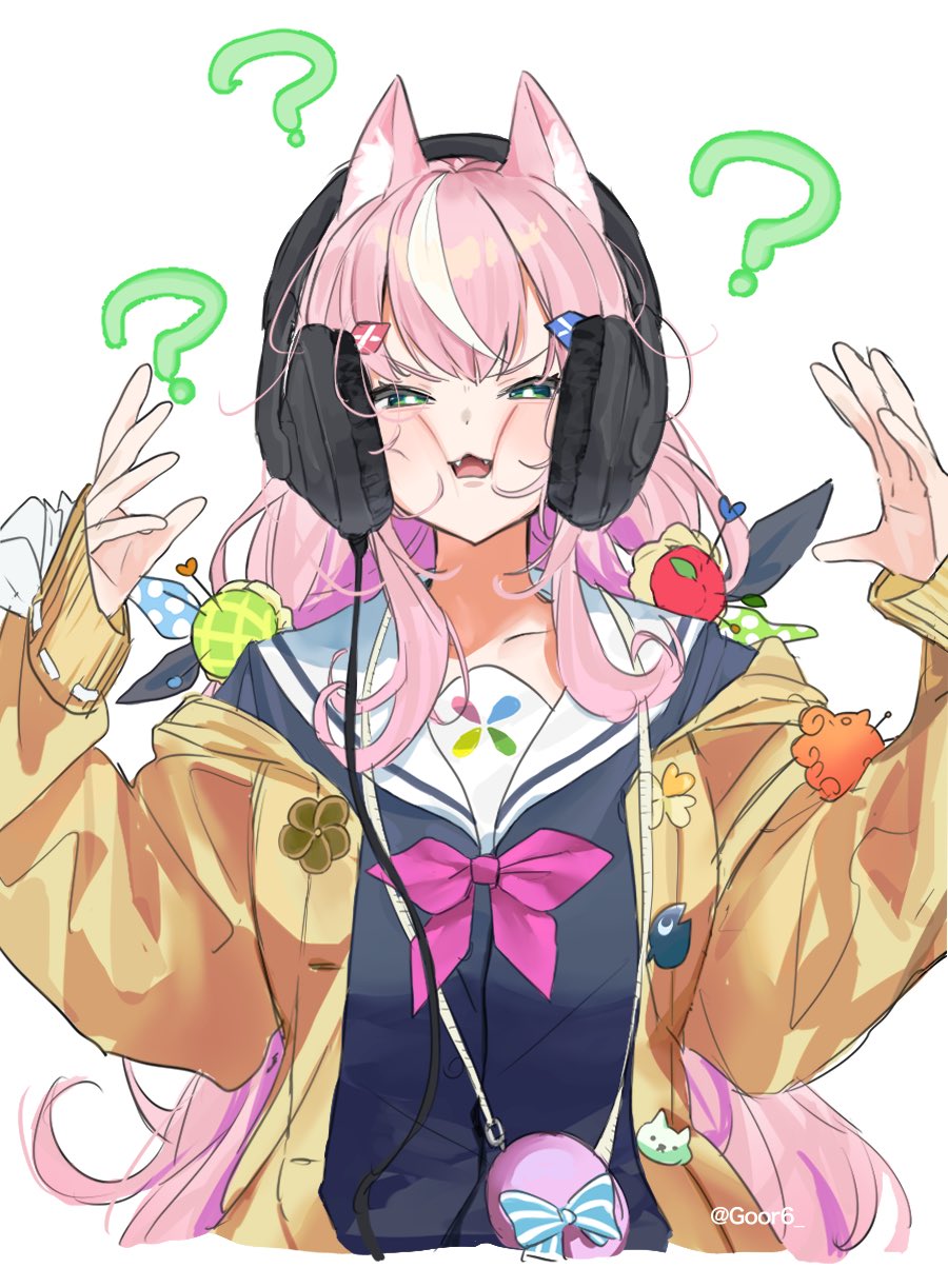 1girl ? ?? animal_ears bow cardigan cat_ears cat_girl confused fangs green_eyes hair_ornament hairclip headphones highres long_hair long_sleeves multicolored_hair nijisanji nijisanji_kr or6_(goor6) pink_hair sailor_collar school_uniform solo streaked_hair very_long_hair virtual_youtuber white_hair yang_nari