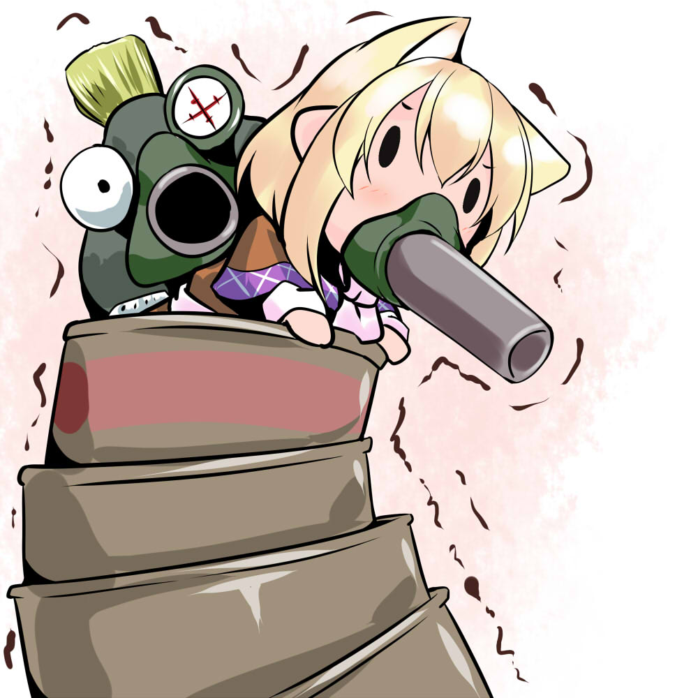 1girl animal_ears blonde_hair bulging_eyes cat_ears chibi commentary_request fish hoshizuki_(seigetsu) mask mizuhashi_parsee nintendo pointy_ears puru-see_(hoshizuki_(seigetsu)) salmon_run_(splatoon) short_hair simple_background splatoon_(series) splatoon_3 stack stinger_(splatoon) touhou trembling upper_body