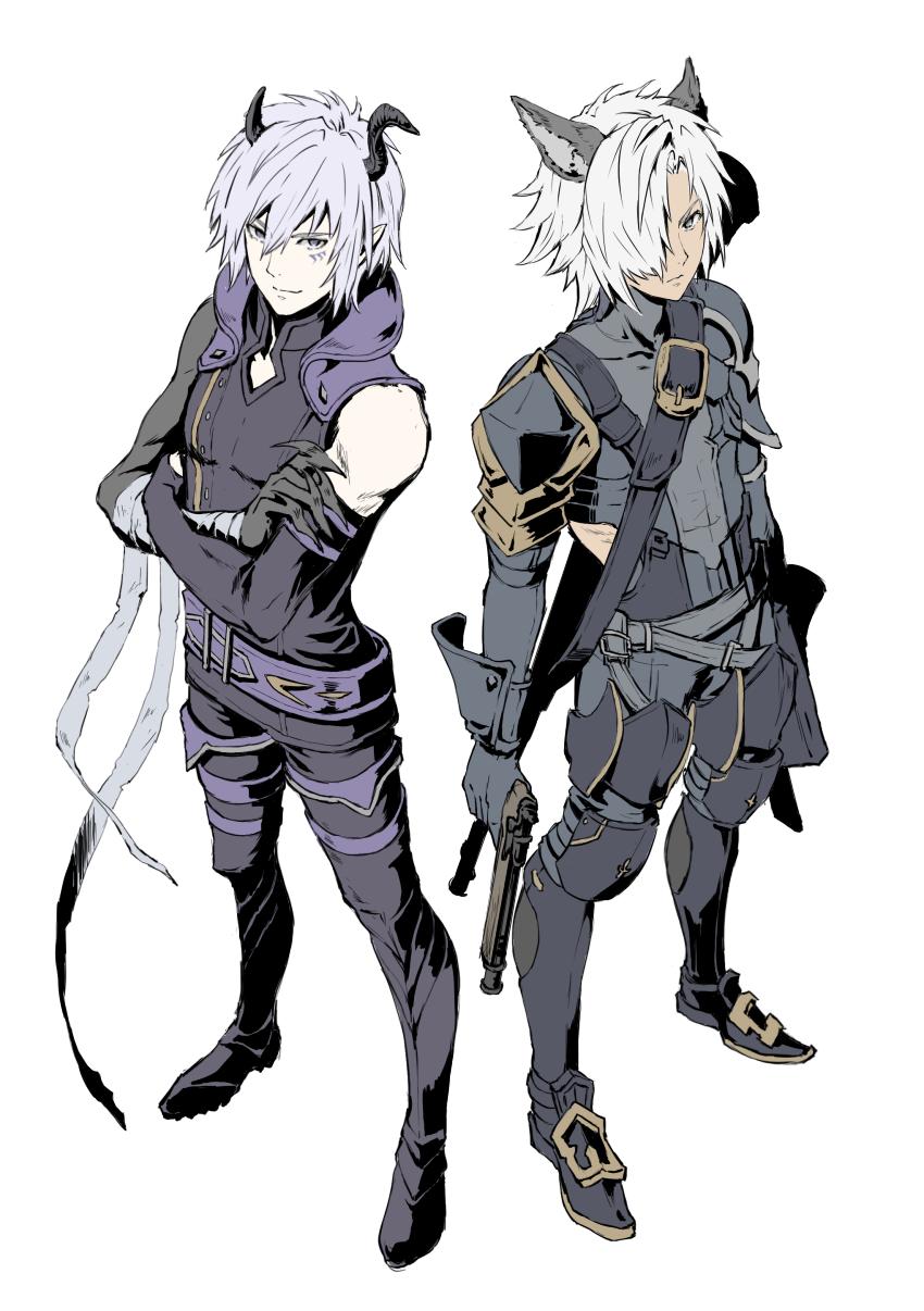 2boys azazel_(shingeki_no_bahamut) bandaged_arm bandages boots crossed_arms dark-skinned_male dark_skin elbow_gloves erune eustace_(granblue_fantasy) full_body gloves granblue_fantasy gun hair_over_one_eye highres holding holding_gun holding_weapon horns leather male_focus mint_(kiri0120) multiple_boys short_hair standing thigh_boots weapon white_hair