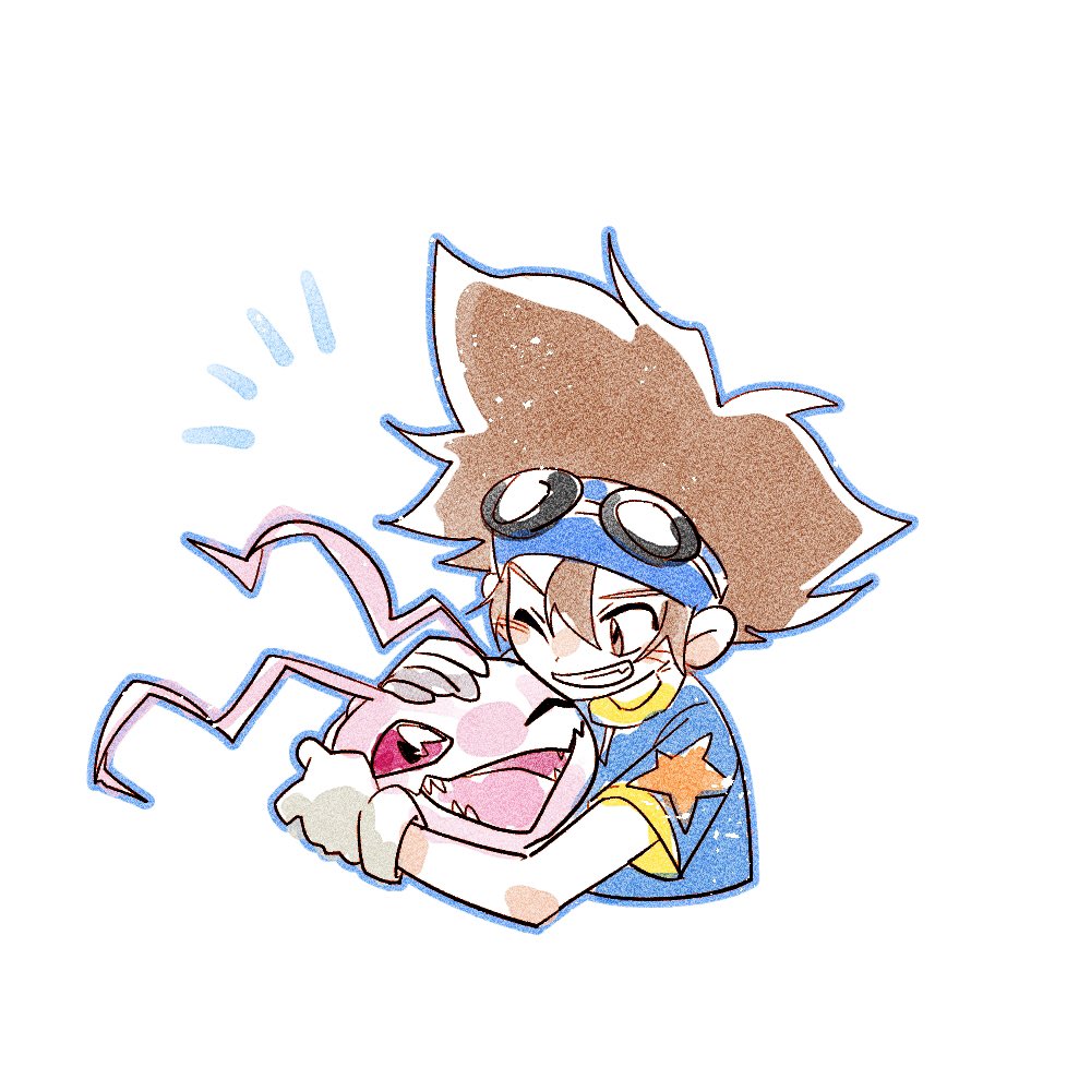 1boy brown_hair digimon digimon_(creature) digimon_adventure gloves hair_between_eyes hug koromon notice_lines one_eye_closed short_hair simple_background smile white_background white_gloves yagami_taichi yuzikoz_mega
