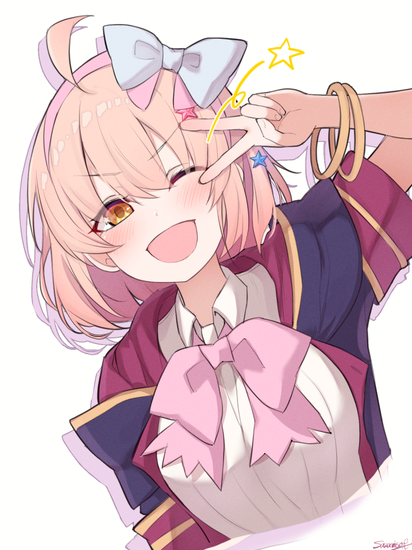 1girl ahoge bow bow_hairband bowtie bracelet chieru_(princess_connect!) collared_shirt gold_bracelet hair_ornament hairband jewelry one_eye_closed open_mouth pink_bow pink_bowtie pink_hair pink_hairband princess_connect! sazamiso_rx school_uniform shirt short_sleeves simple_background solo st._theresa&#039;s_girls_academy_school_uniform star_(symbol) star_hair_ornament upper_body v white_background white_shirt yellow_eyes