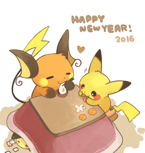 2016 black_eyes bowl chopsticks closed_eyes commentary_request eating egg food fruit gen_1_pokemon gen_2_pokemon happy_new_year holding holding_chopsticks konanbo kotatsu mandarin_orange new_year nintendo no_humans orange_peel pichu pikachu pokemon pokemon_(creature) raichu table under_kotatsu under_table