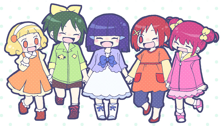 5girls ^_^ ankle_socks aoki_reika blonde_hair blue_bow blue_bowtie blue_cardigan blue_dress blue_hair blue_pants blunt_bangs blunt_ends blush_stickers boots bow bowtie brooch brown_footwear brown_skirt buttons cardigan clenched_hand closed_eyes collared_shirt commentary_request curly_hair denim denim_skirt double_bun dress eyelashes flats footwear_bow frilled_footwear frilled_sleeves frills full_body green_hair green_shirt hair_bow hair_bun hair_ornament hairband hairclip hand_on_own_chest happy hino_akane_(smile_precure!) holding_hands hood hood_down hooded_jacket hoshizora_miyuki jacket jewelry kise_yayoi lapels layered_dress layered_sleeves leg_up long_sleeves medium_dress medium_hair midorikawa_nao miniskirt multiple_girls notched_lapels one_eye_closed open_mouth orange_dress orange_eyes pants pants_under_dress pinafore_dress pink_boots pink_hair pink_jacket pink_skirt pocket polka_dot polka_dot_background ponytail precure red_bow red_eyes red_footwear red_hair shirt shoes short_dress short_hair short_over_long_sleeves short_ponytail short_sleeves skirt sleeveless sleeveless_dress smile smile_precure! sneakers socks standing star_brooch straight_hair three-quarter_sleeves two-sided_hood white_background white_footwear white_hairband white_socks x_hair_ornament yellow_bow yellow_dress yellow_hood yellow_sleeves yuzuno_nana zipper zipper_pull_tab