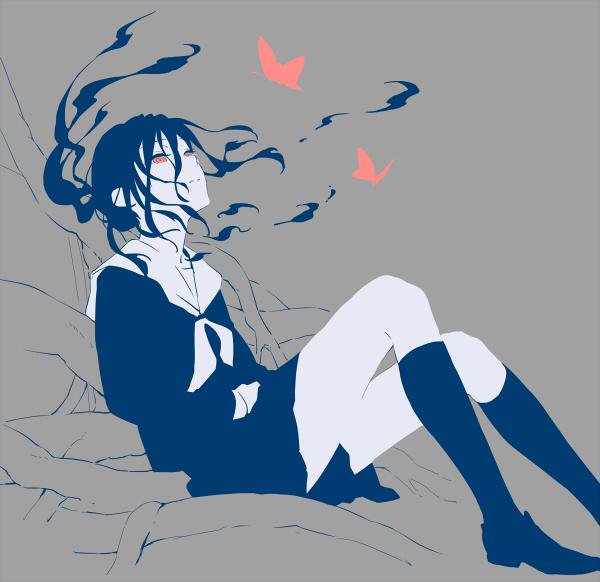 1girl bug butterfly closed_mouth dress from_side grey_background insect kneehighs knees_up leuco long_hair looking_up nurarihyon_no_mago red_eyes sailor_collar sailor_dress sitting skirt socks solo torii_natsumi