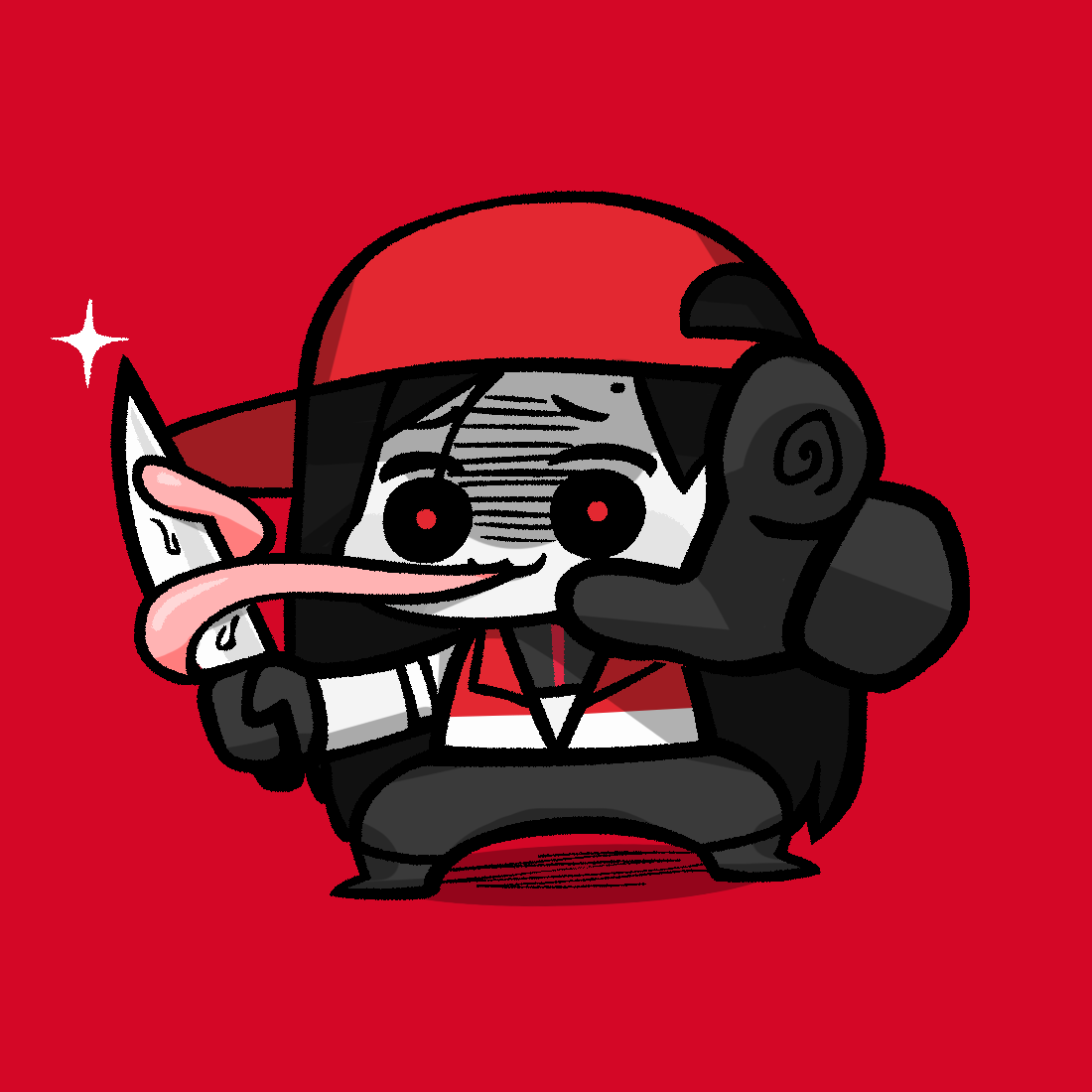 1girl :3 backwards_hat baseball_cap black_eyes black_gloves black_hair black_pants black_shirt black_shoes butcher_vanity_(synthesizer_v) chibi chibi_only gloves hat holding holding_knife jacket knife long_hair looking_at_viewer mole mole_above_eye open_clothes open_jacket pants pointing pointing_at_viewer red_background red_hat red_pupils red_trim shaded_face shirt shoes simple_background solo sparkle standing synthesizer_v takulai tongue vimalion_pro white_jacket yi_xi_(synthesizer_v)