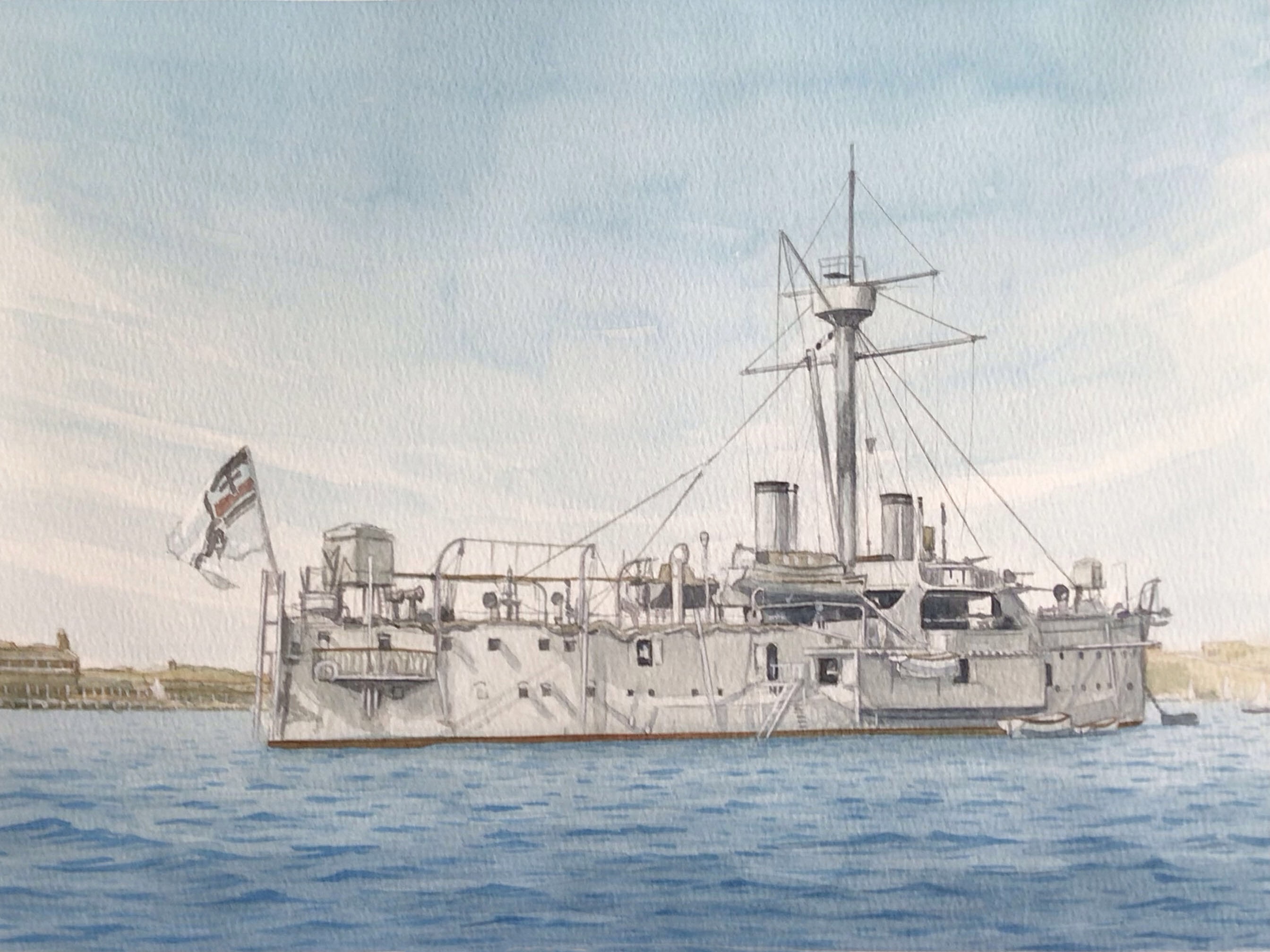 atelier_bono dock highres imperial_german_navy ironclad mast military_vehicle ocean original painting_(medium) ship smokestack sms_oldenburg_(1884) traditional_media warship watercolor_(medium) watercraft