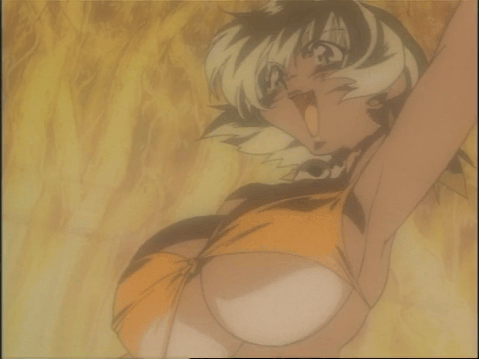 animated animated_gif blonde_hair bouncing_breasts breasts dark-skinned_female dark_skin giant giantess gigantic_breasts huge_breasts jewelry jungle_de_ikou mii_(jungle_de_ikou) necklace short_hair skull_necklace