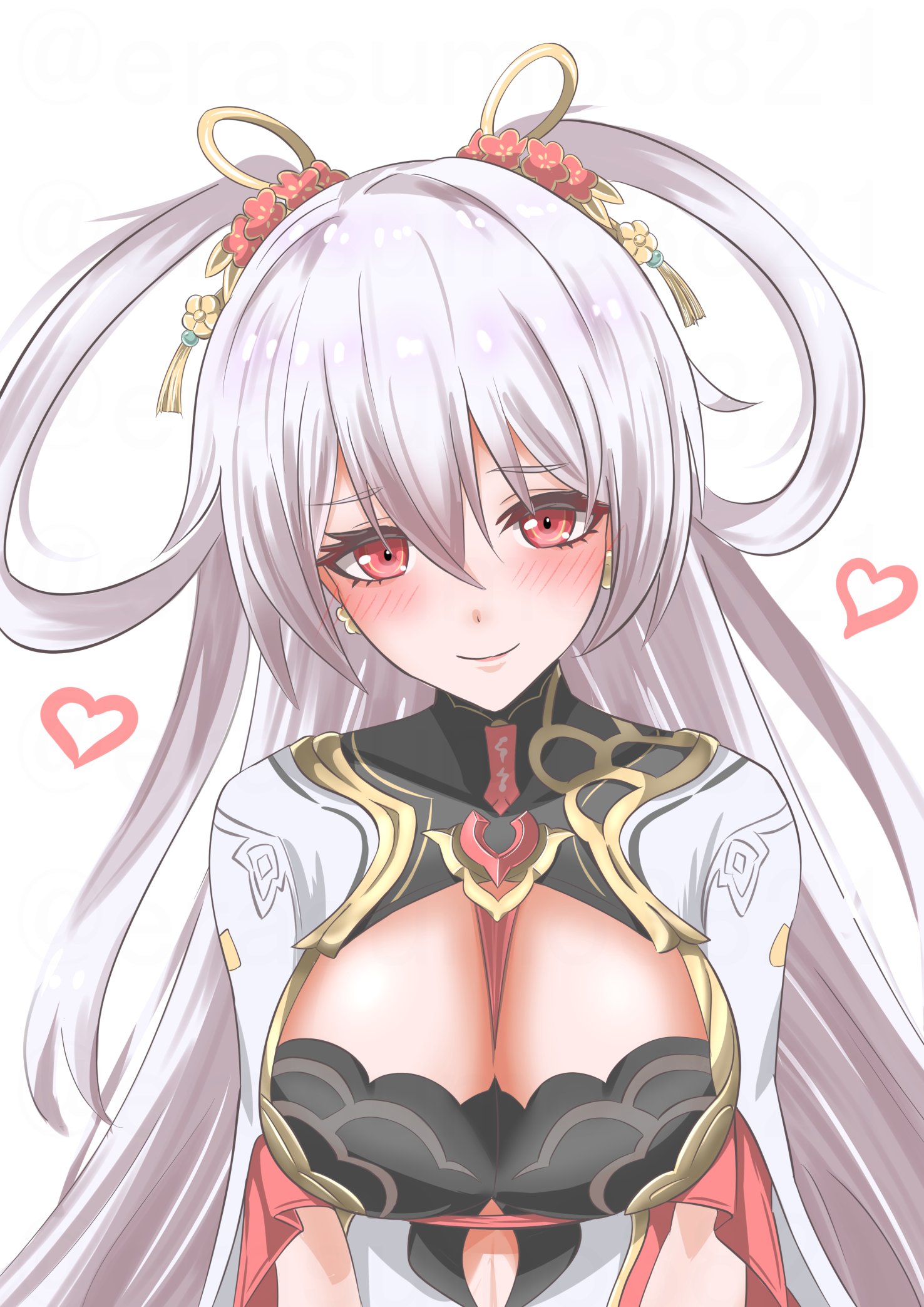 1girl blush breasts closed_mouth commentary_request earrings erasumo3821 hair_ornament hair_rings heart highres honkai_(series) honkai_impact_3rd jewelry large_breasts long_hair looking_at_viewer official_alternate_costume red_eyes simple_background smile solo theresa_apocalypse theresa_apocalypse_(luna_kindred) theresa_apocalypse_(lunar_vow:_crimson_love) theresa_apocalypse_(redolent_in_red) upper_body white_background white_hair