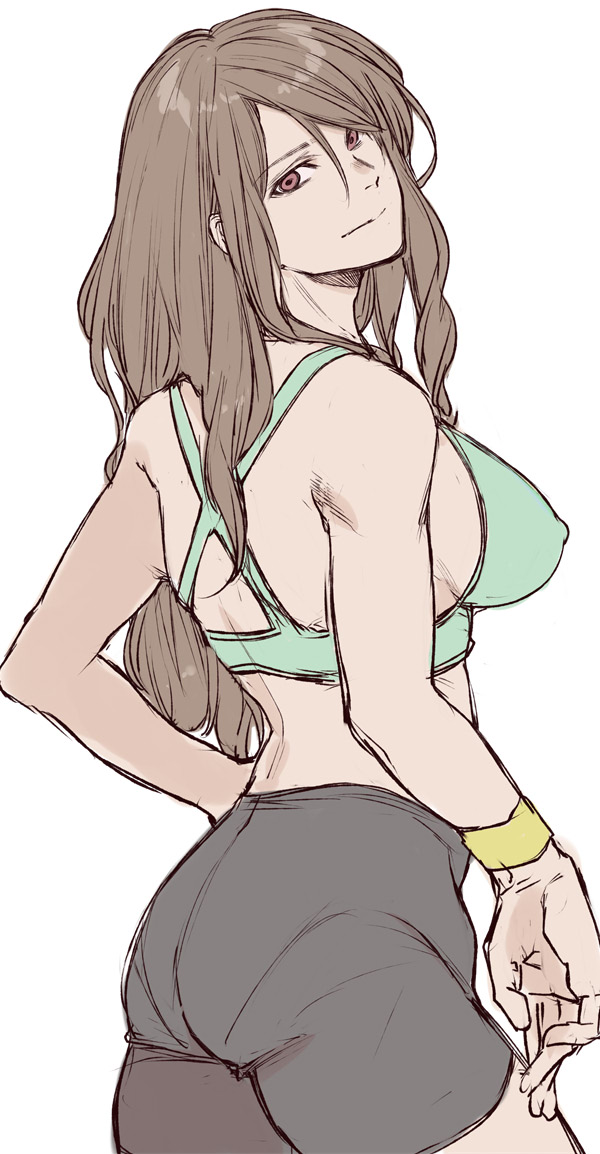 1girl ass breasts brown_eyes brown_hair head_tilt large_breasts long_hair looking_at_viewer looking_back nipples nipples_visible_through_shirt shorts sports_bra yasunososaku