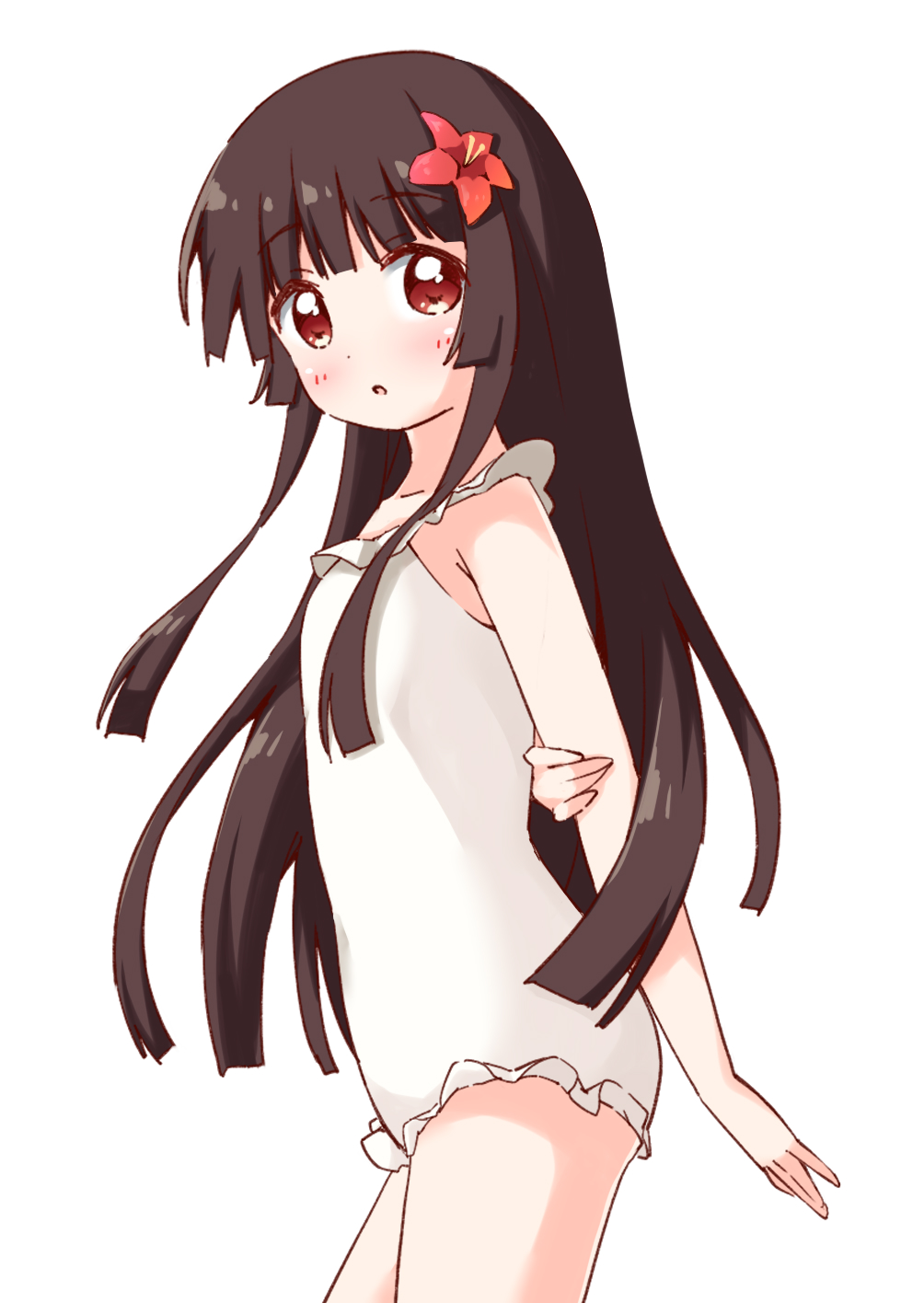1girl :o blunt_bangs blunt_ends blunt_sidelocks blush brown_hair commentary_request cowboy_shot dot_nose flat_chest flower hair_flower hair_ornament haru_(konomi_150) highres holding_own_arm long_hair looking_at_viewer matsumoto_rise one-piece_swimsuit open_mouth red_eyes red_flower simple_background solo swimsuit white_background white_one-piece_swimsuit yuru_yuri