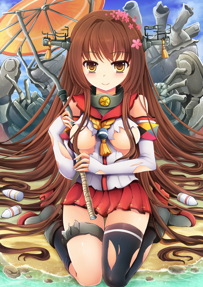 10s 1girl bad_id bad_pixiv_id black_thighhighs blush breasts breasts_out brown_hair censored convenient_censoring detached_sleeves female_focus flower goushou hair_down hair_flower hair_ornament kantai_collection long_hair looking_at_viewer oil-paper_umbrella red_skirt skirt smile solo thigh_gap thighhighs torn_clothes torn_thighhighs umbrella very_long_hair yamato_(kancolle) yellow_eyes