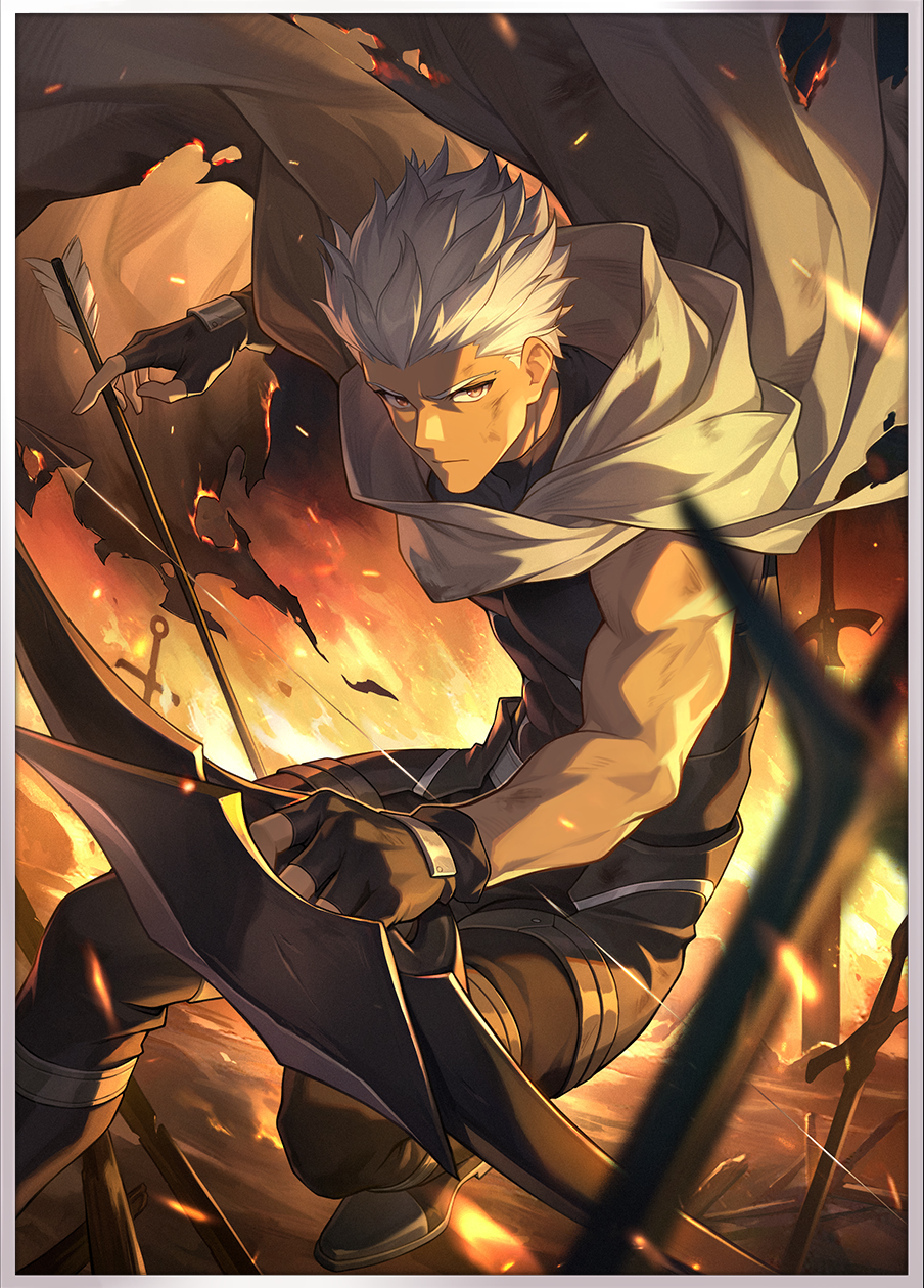 1boy archer_(fate) arrow_(projectile) black_gloves black_shirt bow_(weapon) cape dark-skinned_male dark_skin fate/stay_night fate/unlimited_blade_works fate_(series) fingerless_gloves fire gloves highres holding holding_arrow holding_bow_(weapon) holding_weapon honkai:_star_rail honkai_(series) male_focus official_art planted planted_sword planted_weapon shirt short_hair sleeveless sleeveless_shirt solo sword third-party_source weapon white_cape white_hair