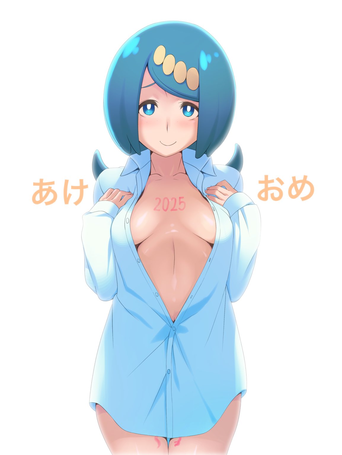 1girl akeome blue_eyes blue_hair blush breasts bright_pupils collarbone ero_kaeru hair_ornament happy_new_year highres lana's_mother_(pokemon) large_breasts long_hair looking_at_viewer low_ponytail mature_female naked_shirt navel new_year nintendo no_sclera pokemon pokemon_(anime) pokemon_sm_(anime) ponytail shirt smile solo split_ponytail white_pupils